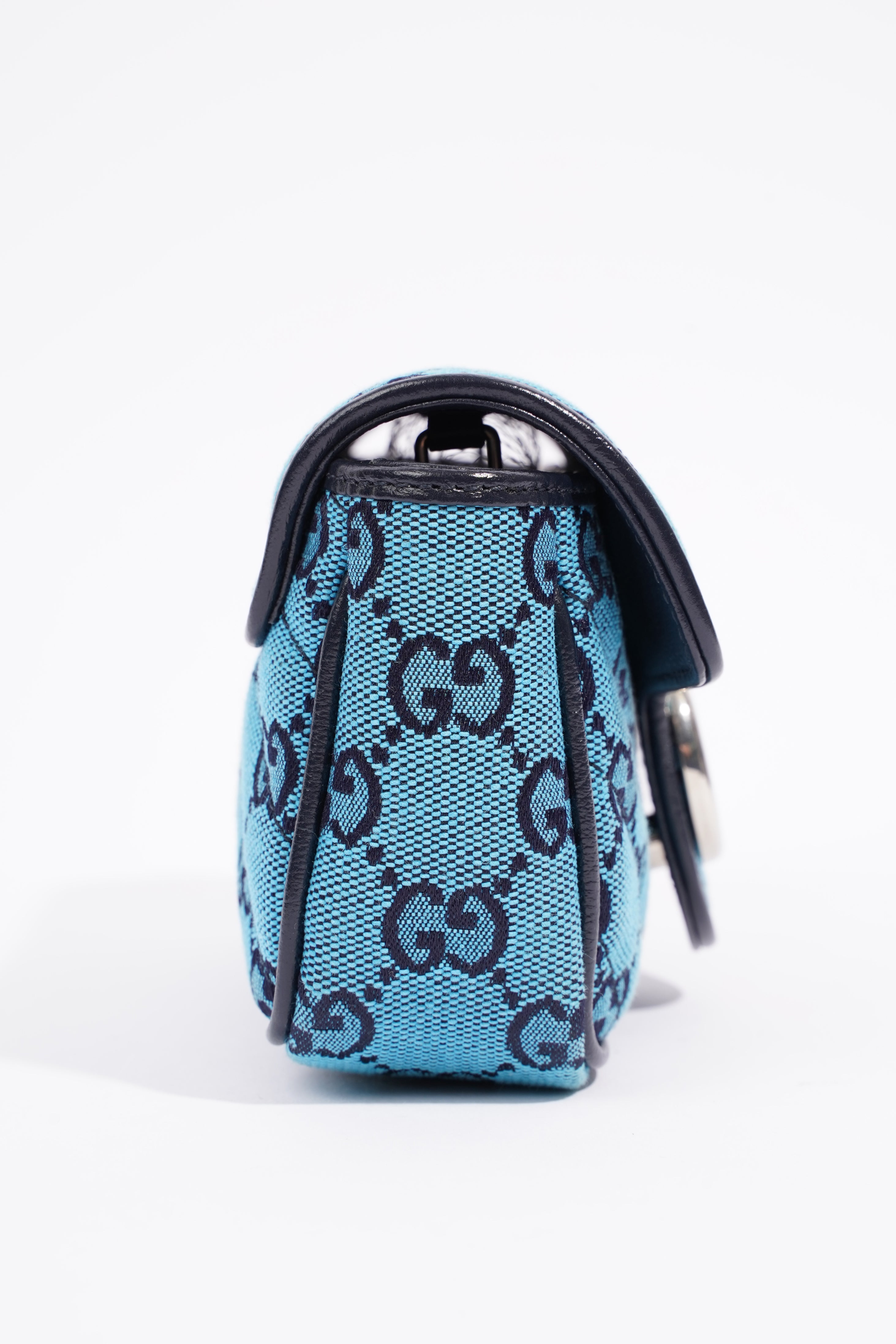 Gucci Womens GG Marmont Quilted Flap Bag Blue Canvas Super Mini