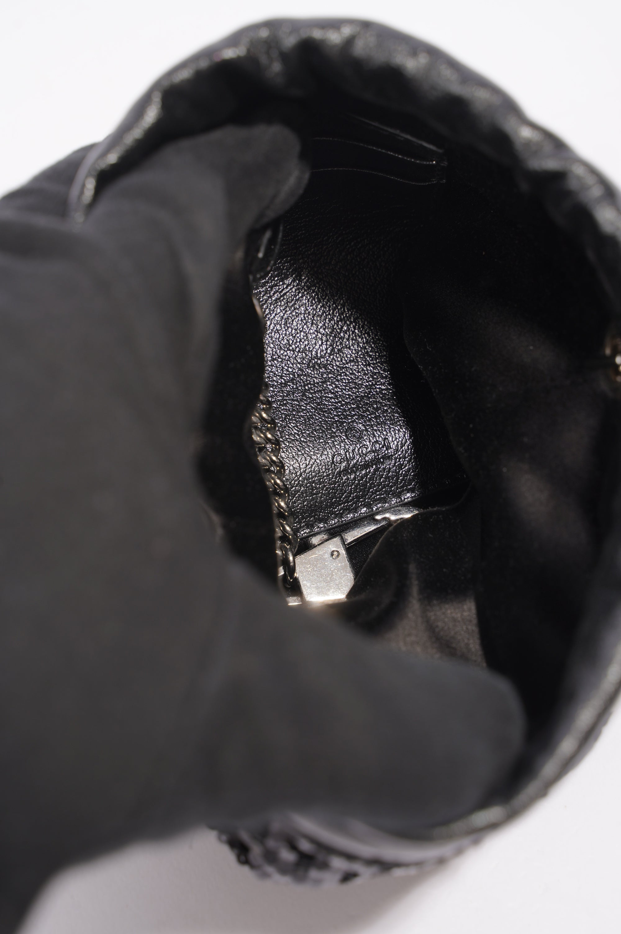 Gucci Womens GG Marmont Bucket Bag Black Leather / Sequin Mini