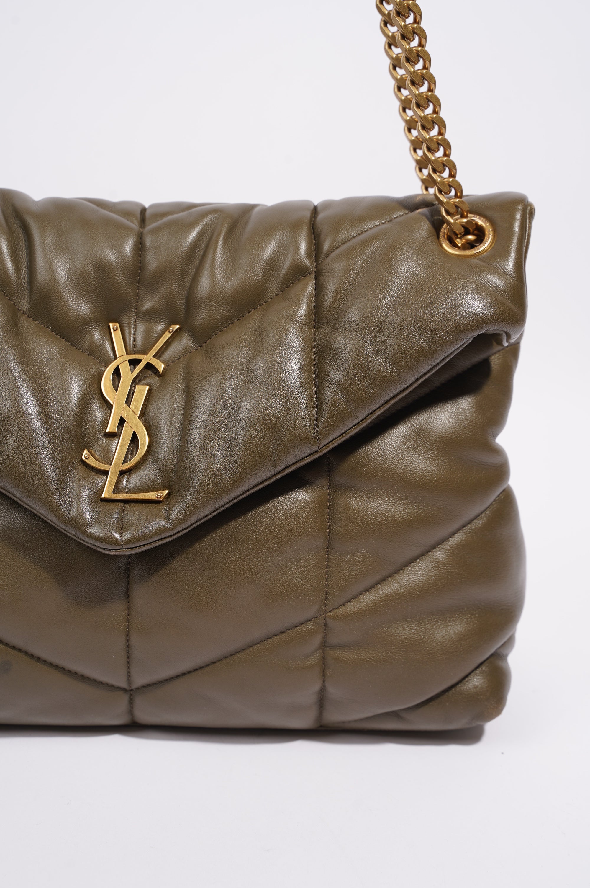 Saint Laurent Womens Lou Lou Puffer Bag Khaki Leather Medium