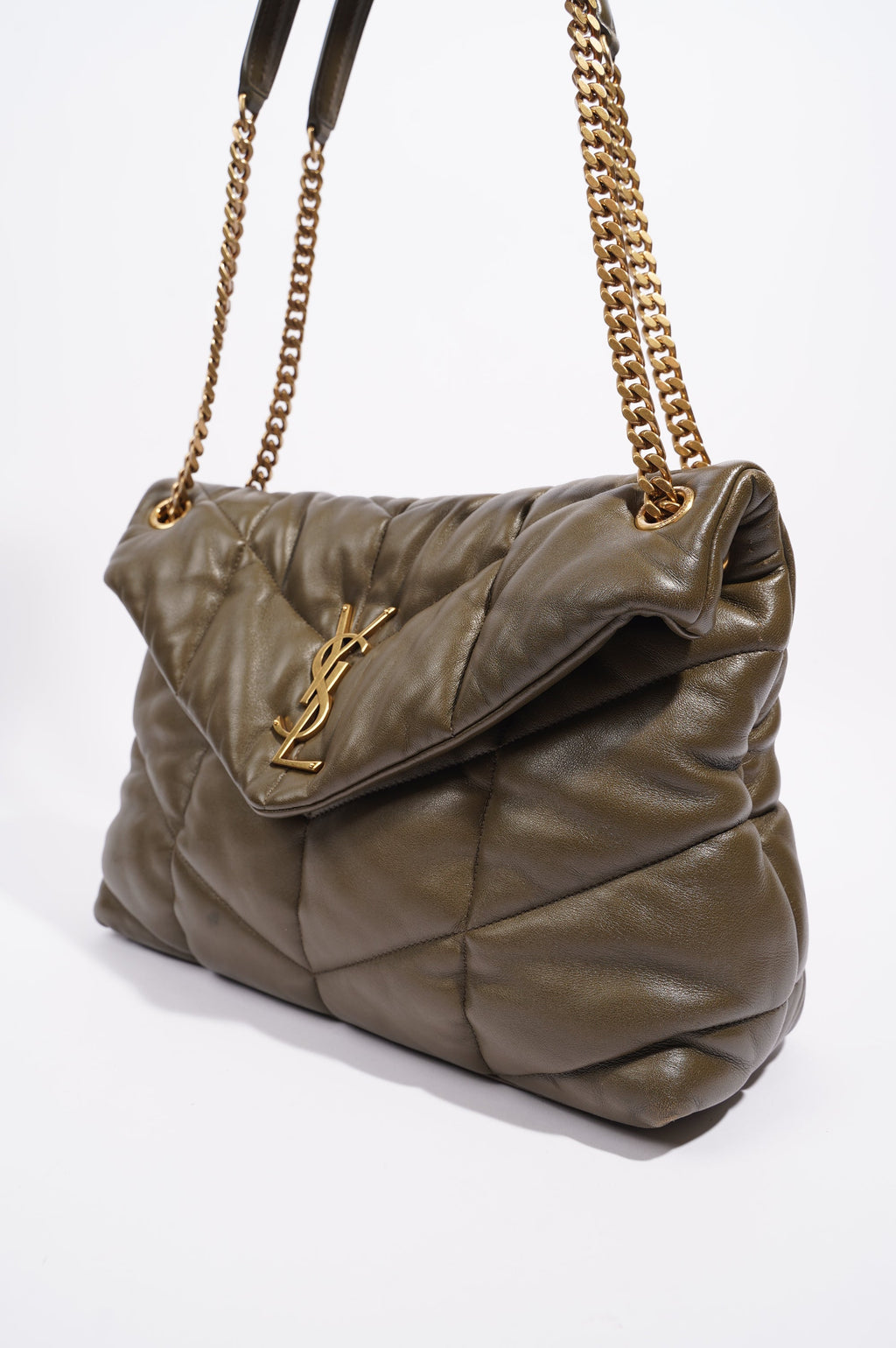 Saint Laurent Womens Lou Lou Puffer Bag Khaki Leather Medium