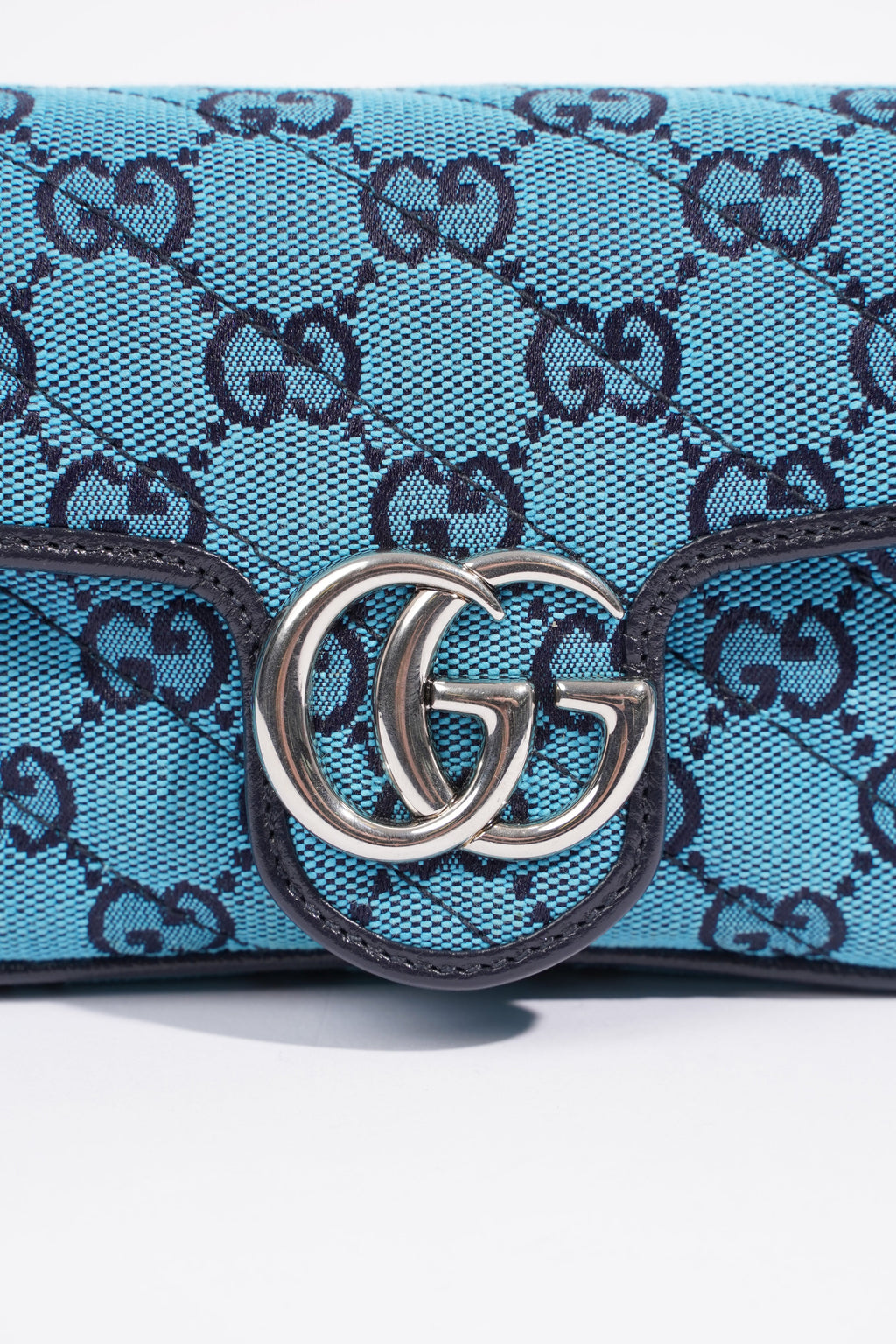 Gucci Womens GG Marmont Quilted Flap Bag Blue Canvas Super Mini