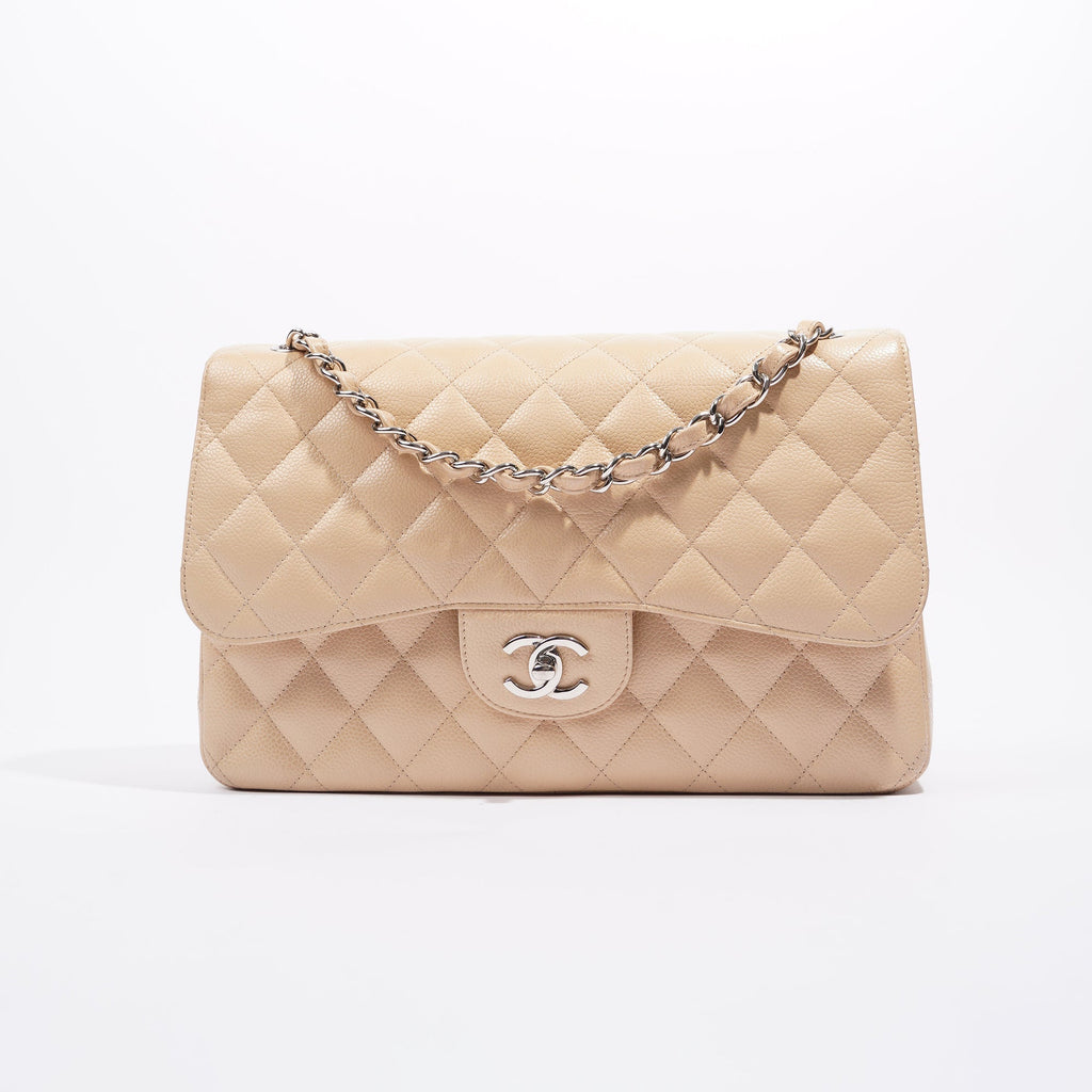 Chanel Womens Classic Flap Beige Caviar Large