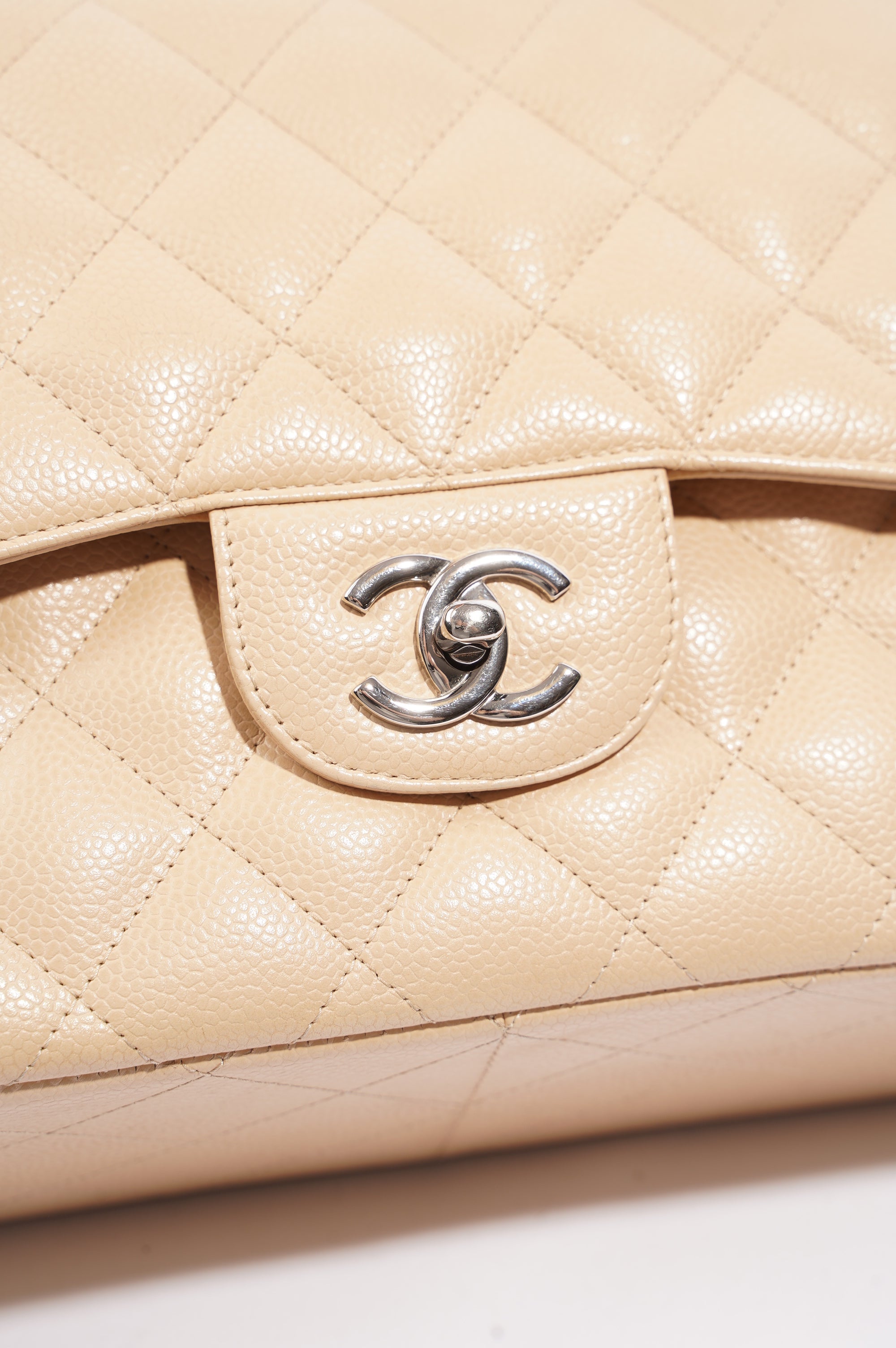 Chanel Womens Classic Flap Beige Caviar Large