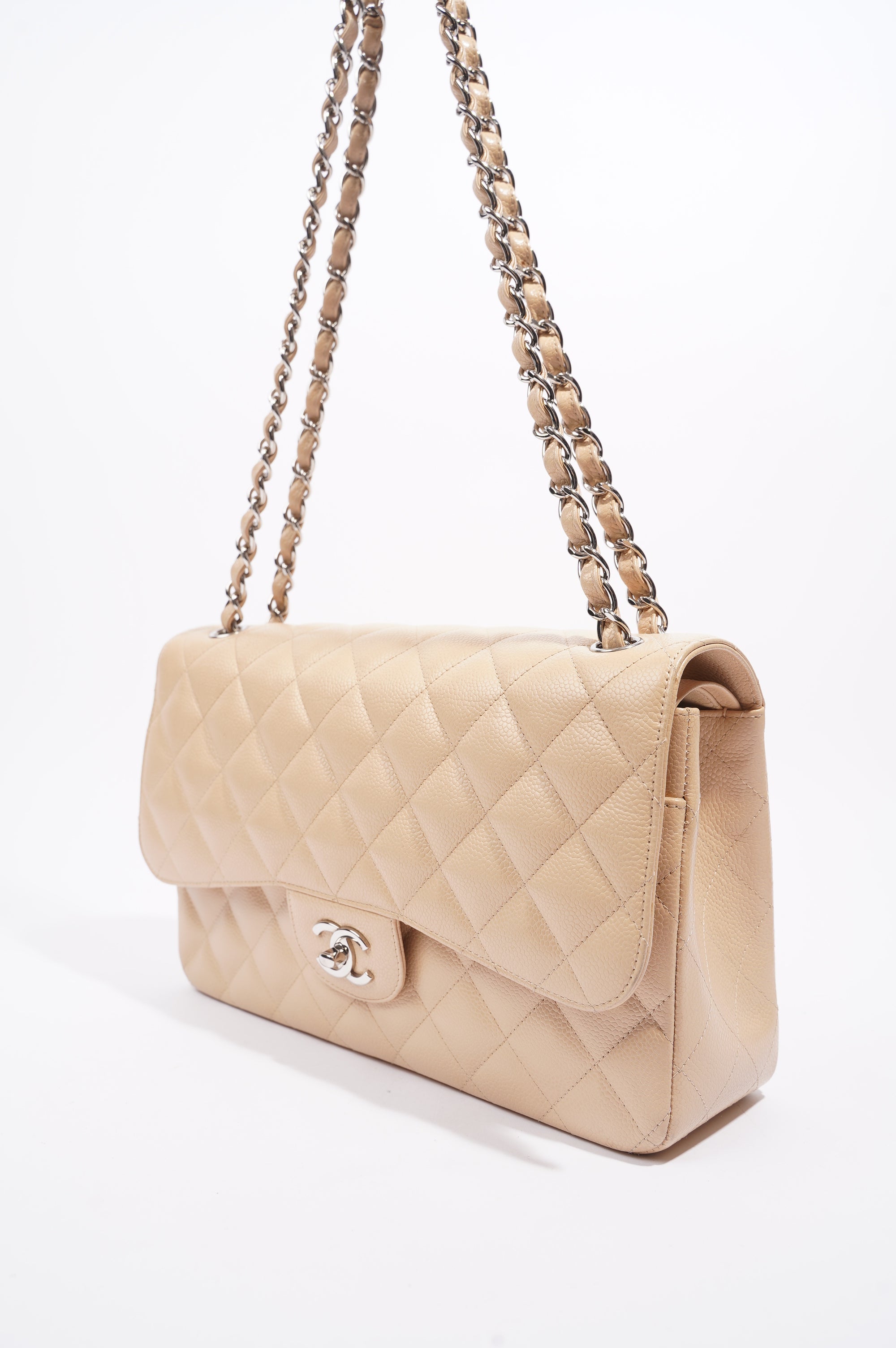 Chanel Womens Classic Flap Beige Caviar Large