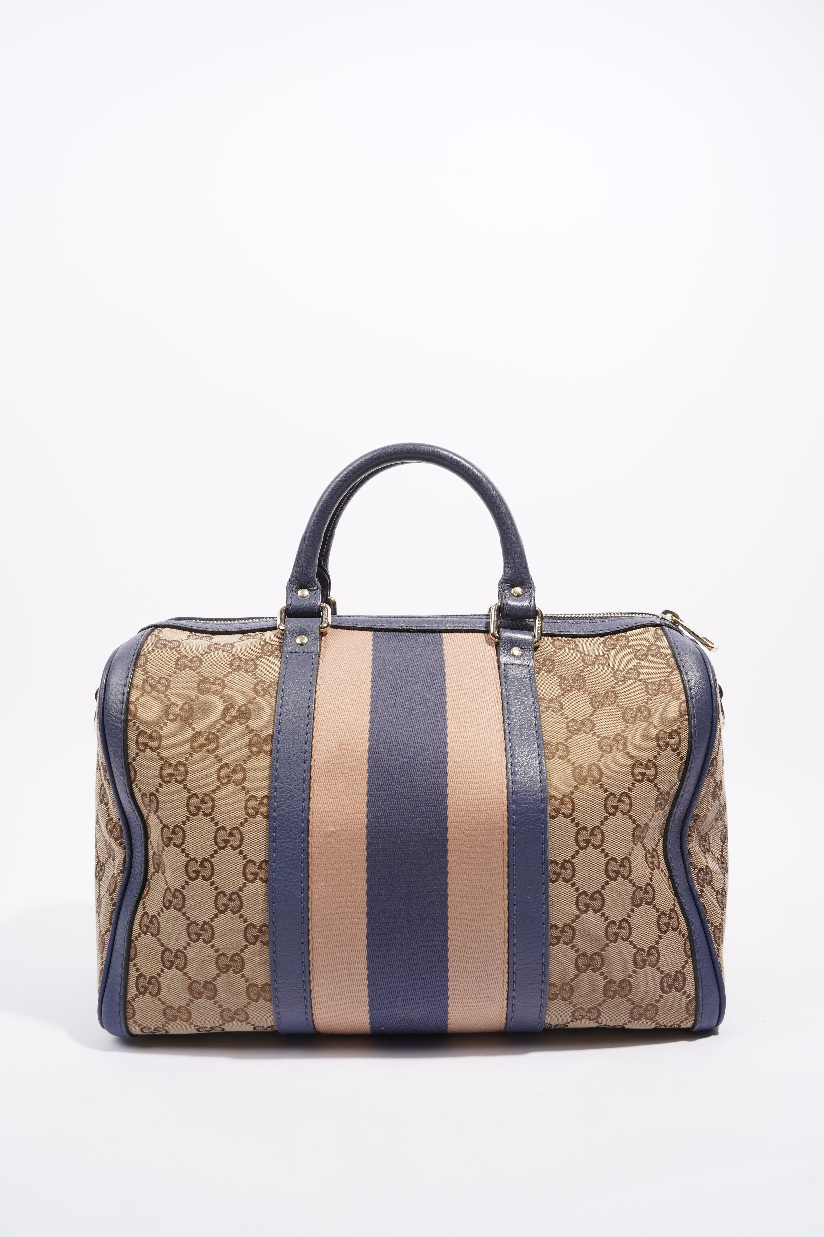 Gucci Womens Vintage Web Boston Bag Beige Blue Nude Medium