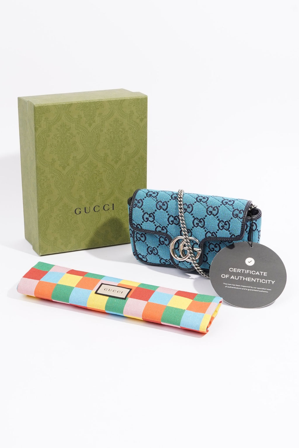Gucci Womens GG Marmont Quilted Flap Bag Blue Canvas Super Mini
