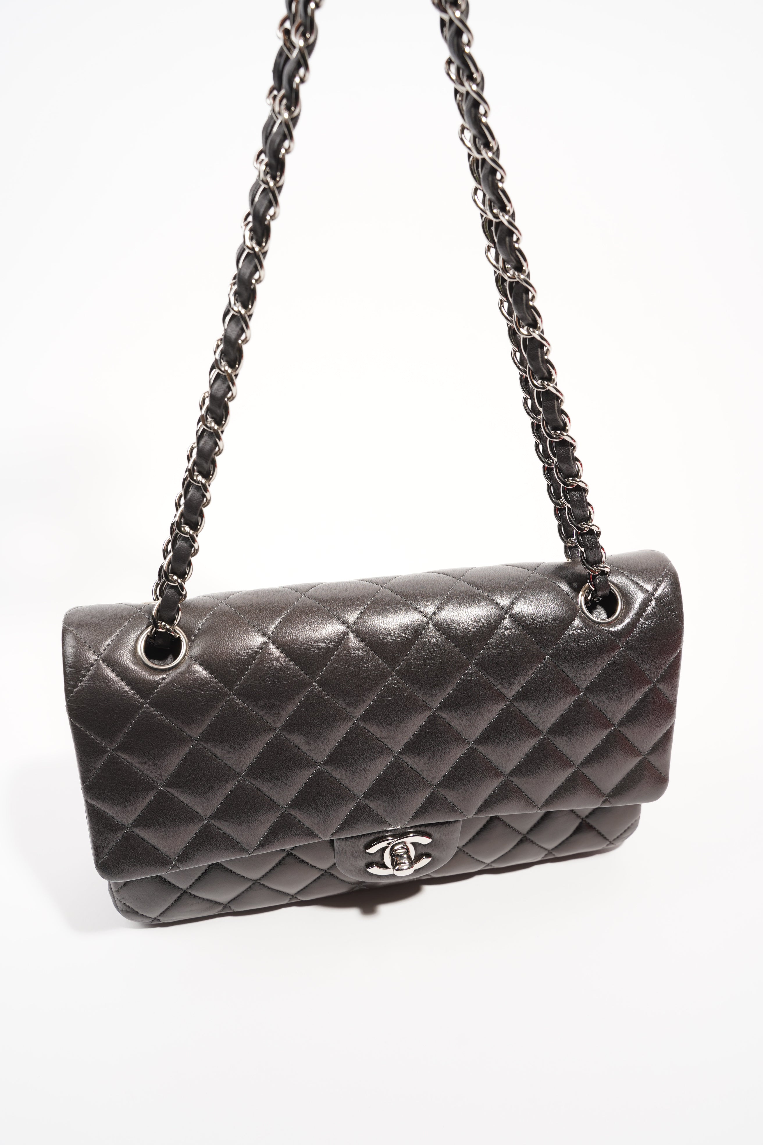 Chanel Womens Classic Flap Dark Grey Medium
