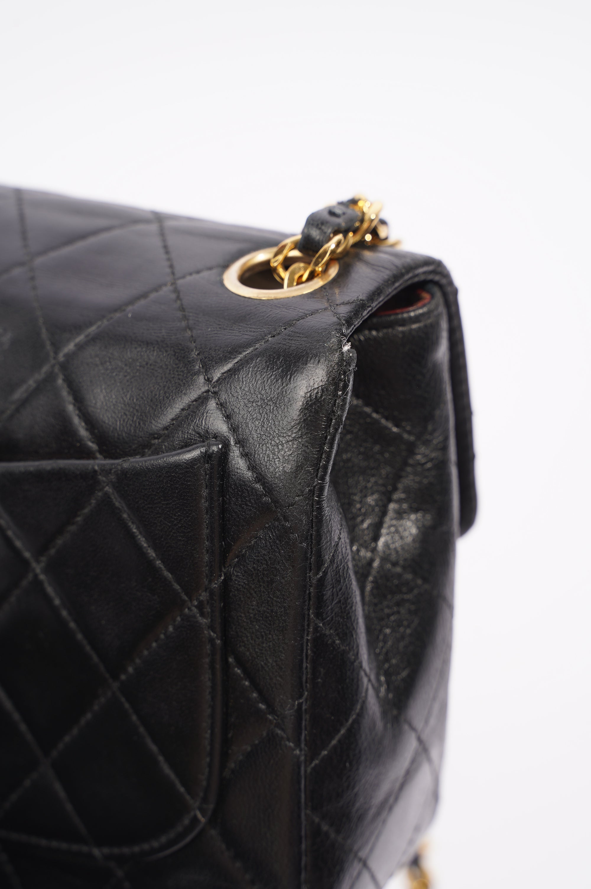 Chanel Womens Vintage Lambskin Square Flap Bag Black / Gold Mini