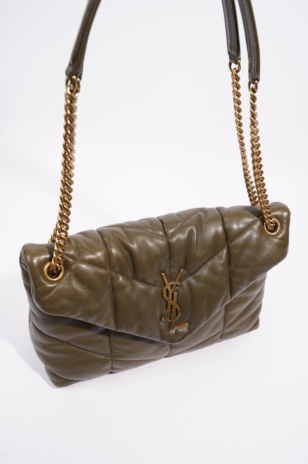 Saint Laurent Womens Lou Lou Puffer Bag Khaki Leather Medium