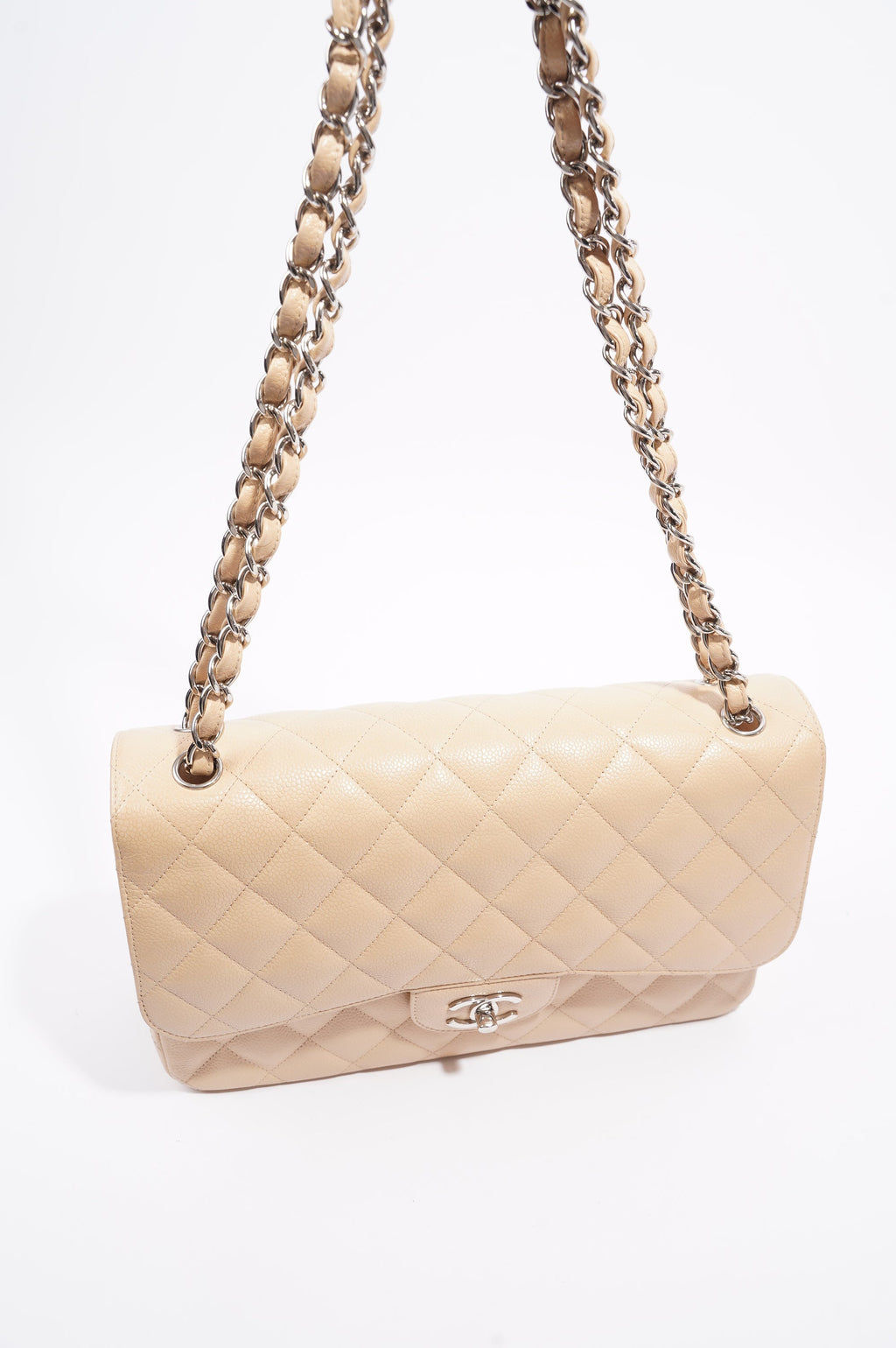 Chanel Womens Classic Flap Beige Caviar Large