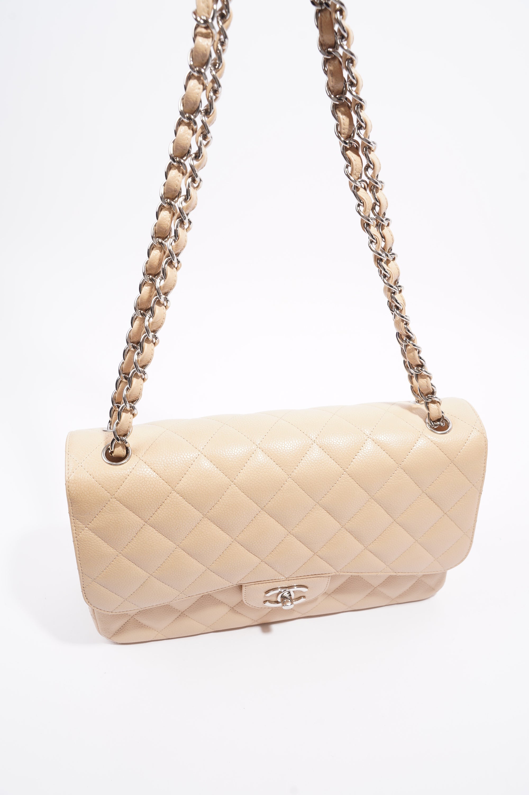 Chanel Womens Classic Flap Beige Caviar Large
