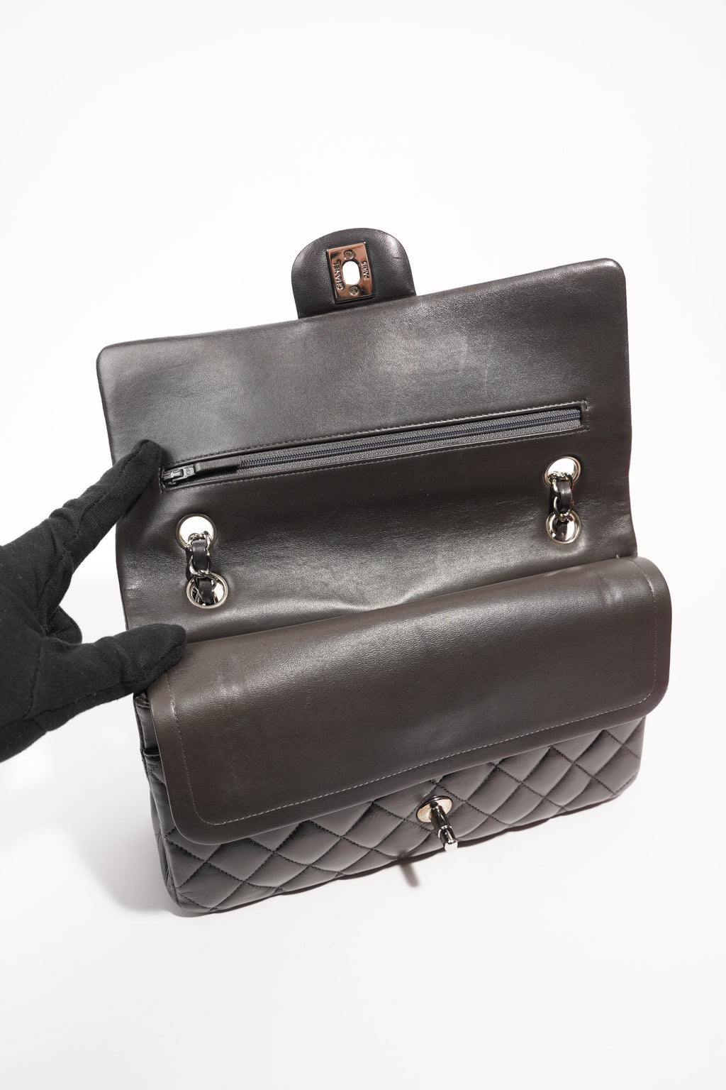 Chanel Womens Classic Flap Dark Grey Medium