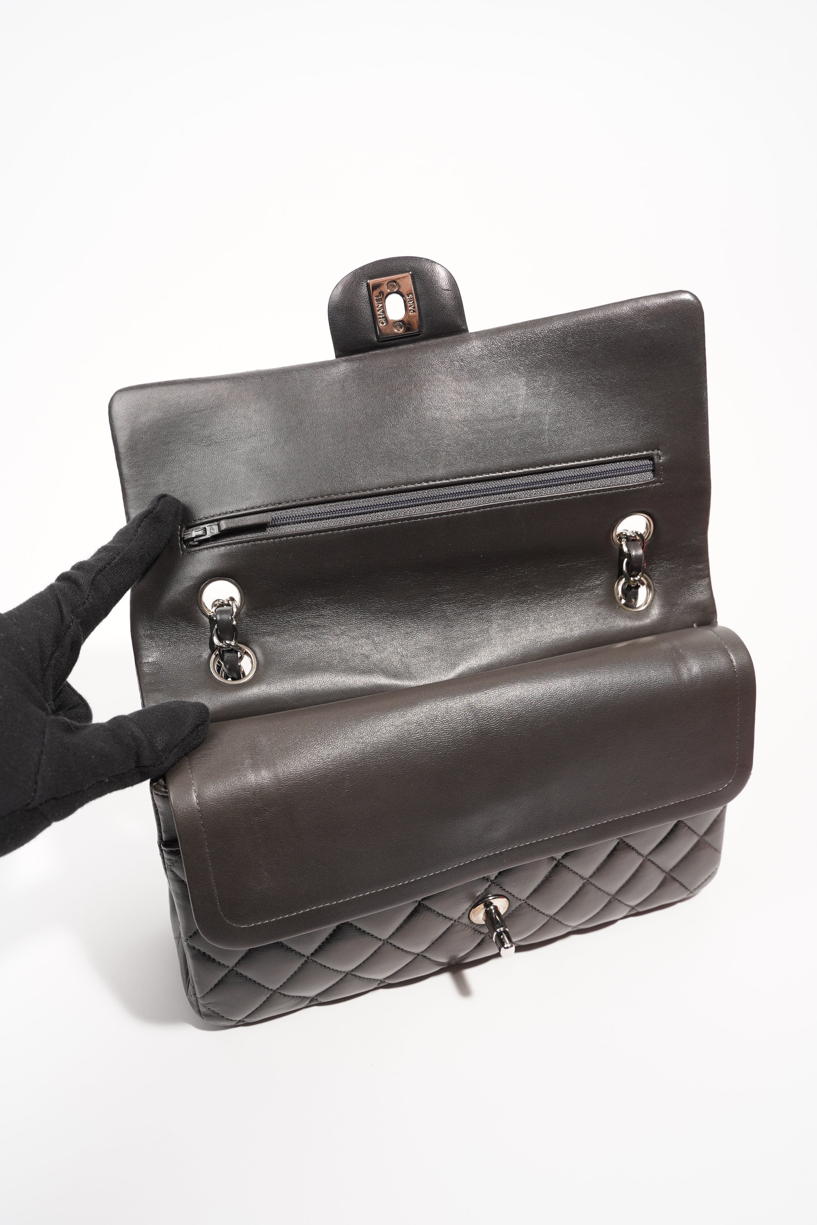 Chanel Womens Classic Flap Dark Grey Medium
