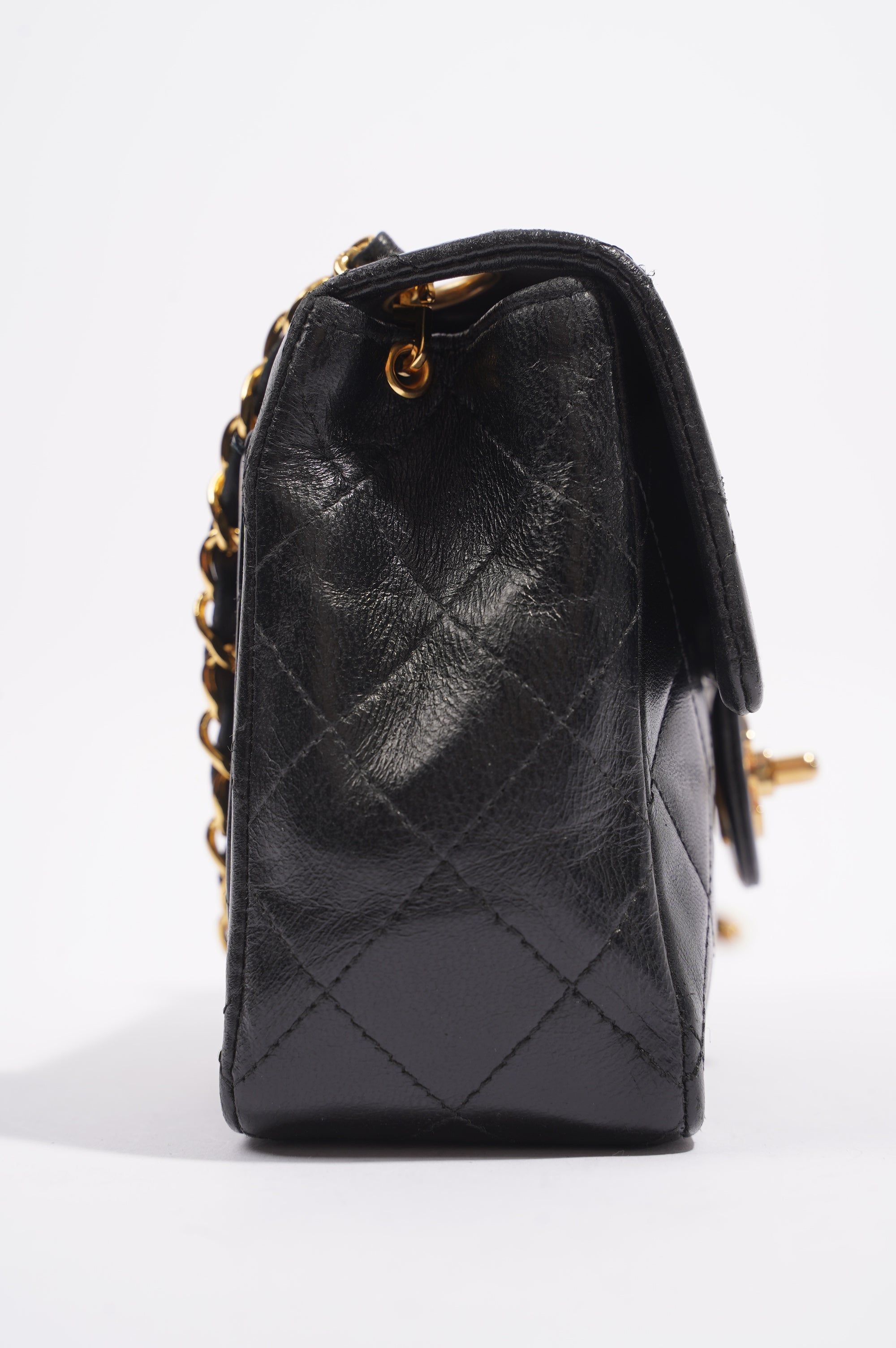 Chanel Womens Vintage Lambskin Square Flap Bag Black / Gold Mini