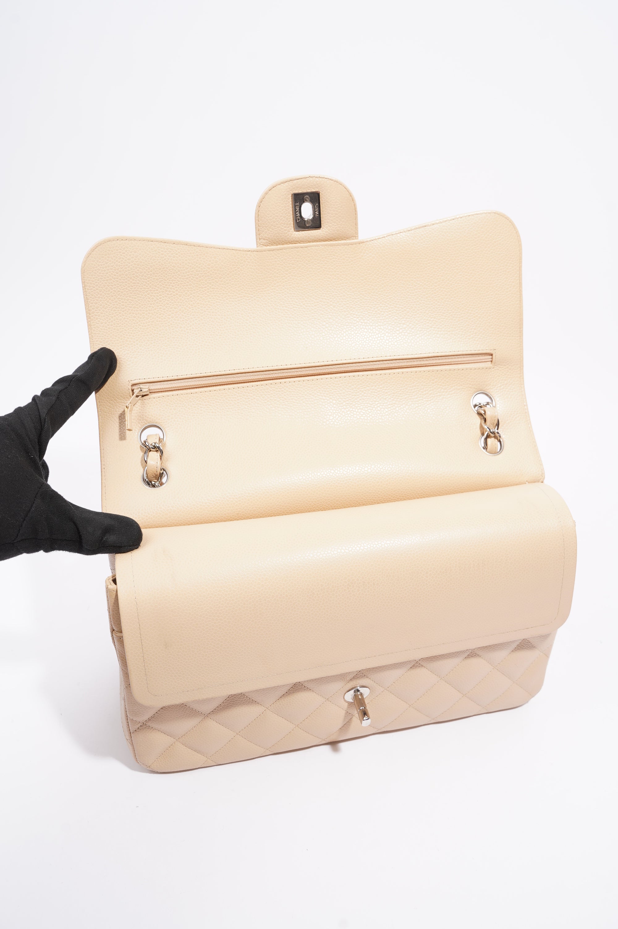Chanel Womens Classic Flap Beige Caviar Large