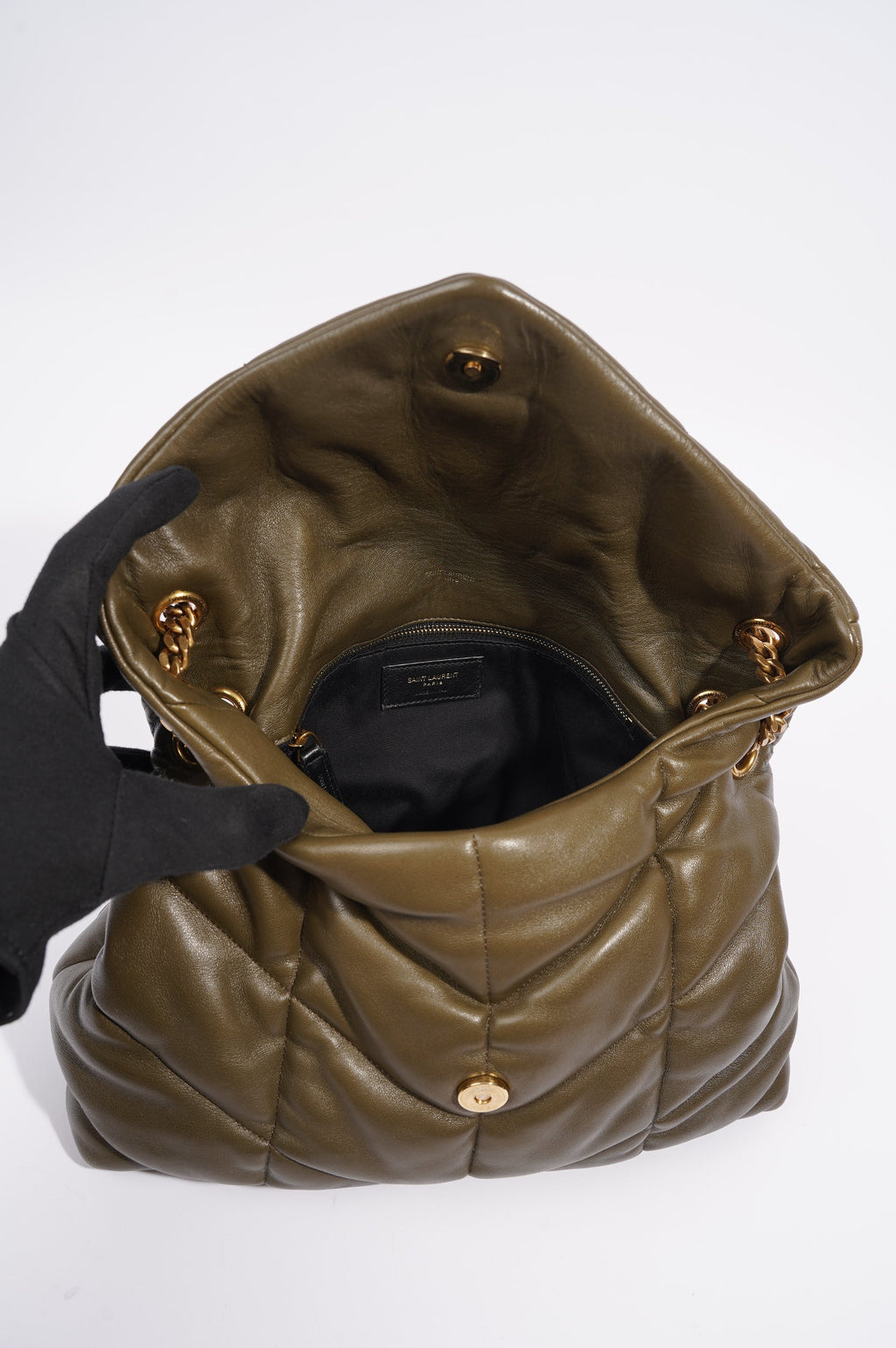 Saint Laurent Womens Lou Lou Puffer Bag Khaki Leather Medium