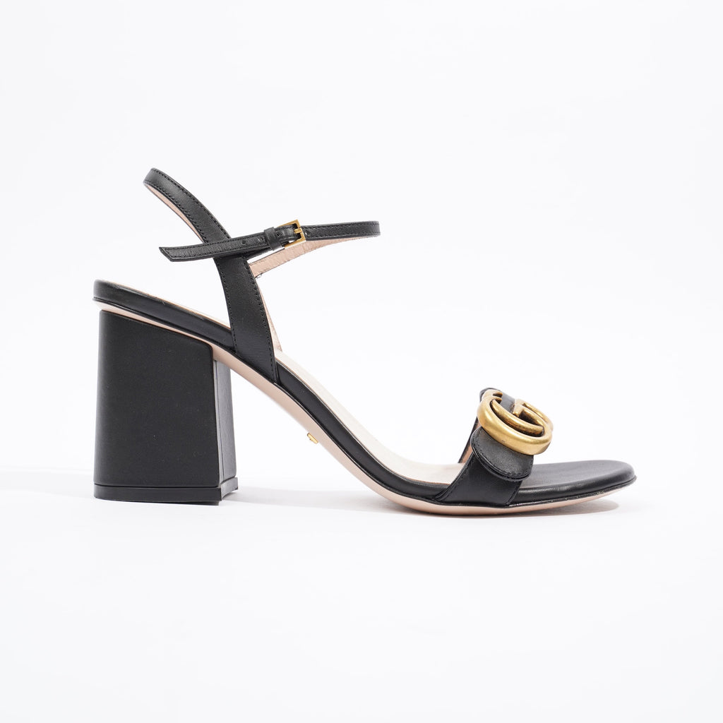 Gucci Womens Leather Mid Heel Sandal Black / Gold EU 37.5 / UK 4.5