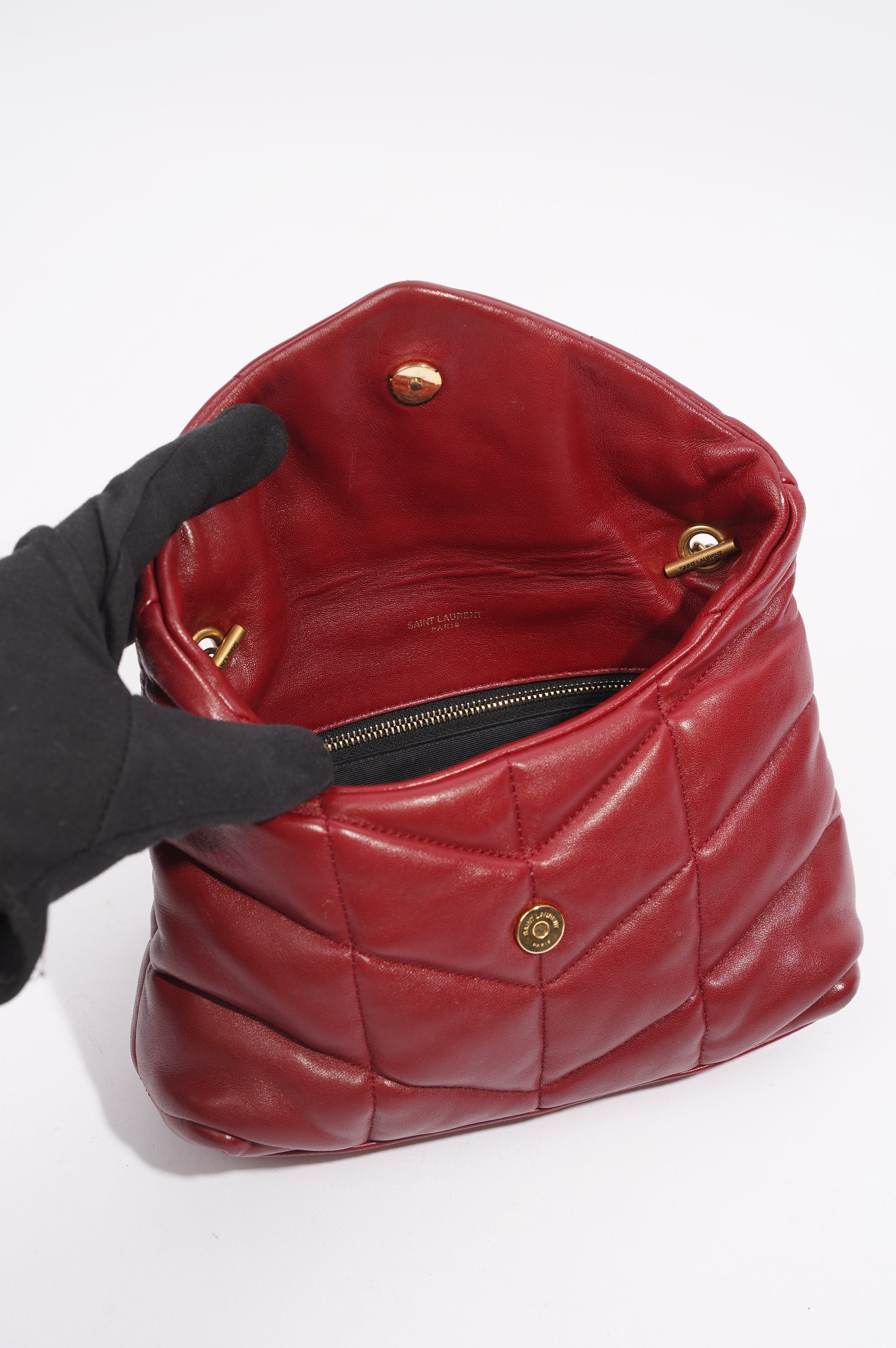 Saint Laurent Womens Lou Lou Puffer Red / Gold Toy