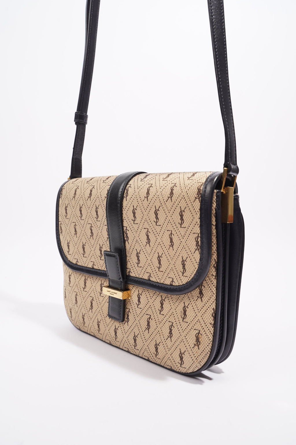 Saint Laurent Top Flap Satchel Beige / Black Canvas Small