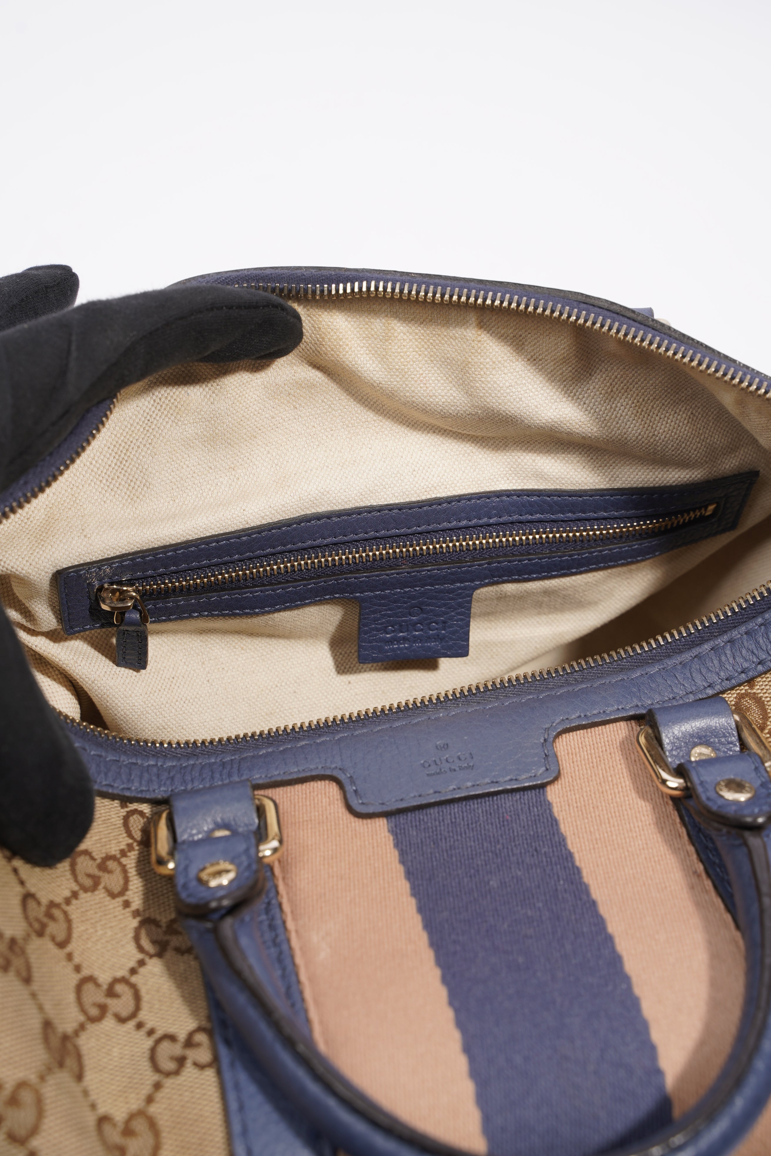 Gucci Womens Vintage Web Boston Bag Beige Blue Nude Medium