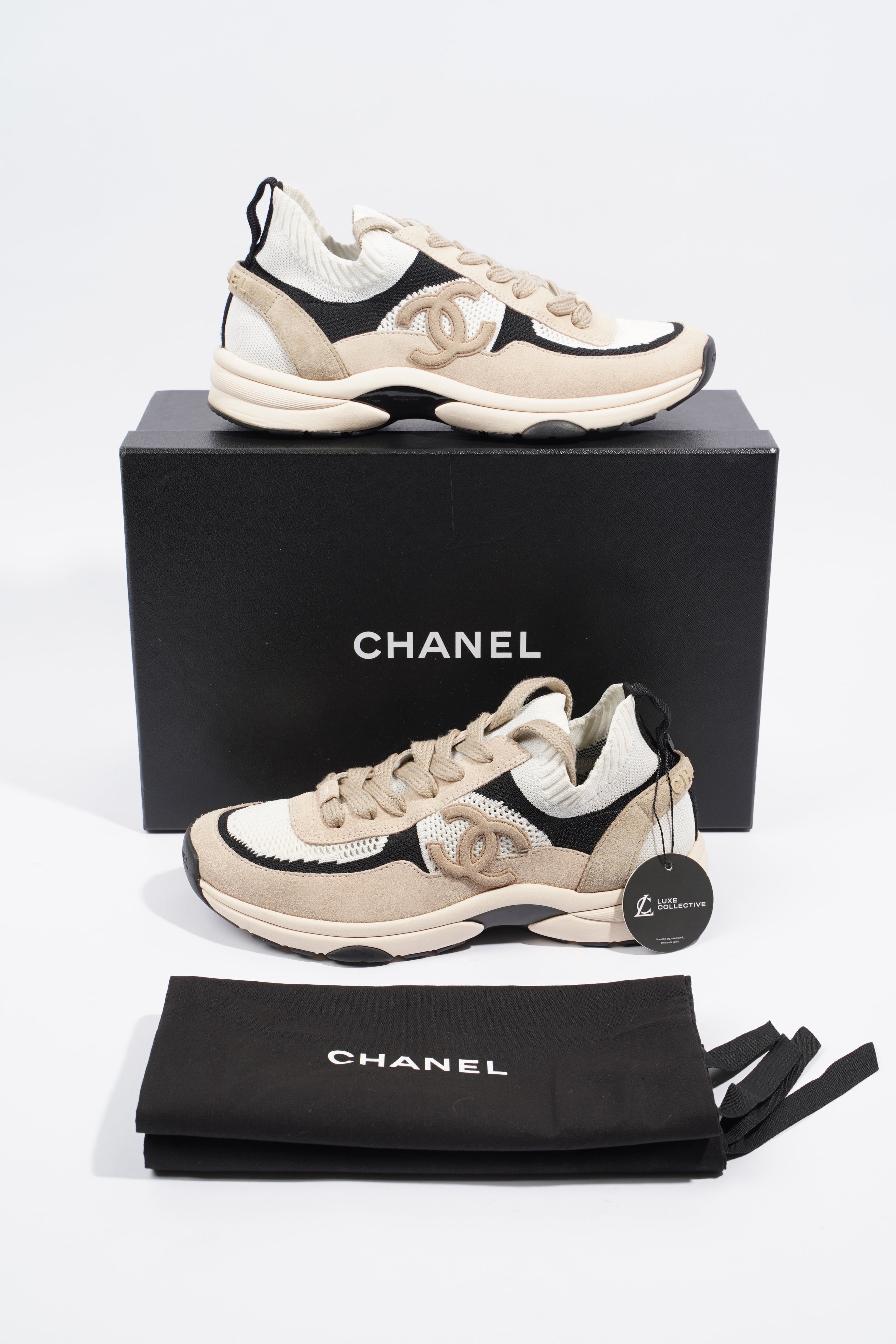 Chanel Womens CC Logo Knit Runners Beige / White / Black EU 38.5 / UK 5.5