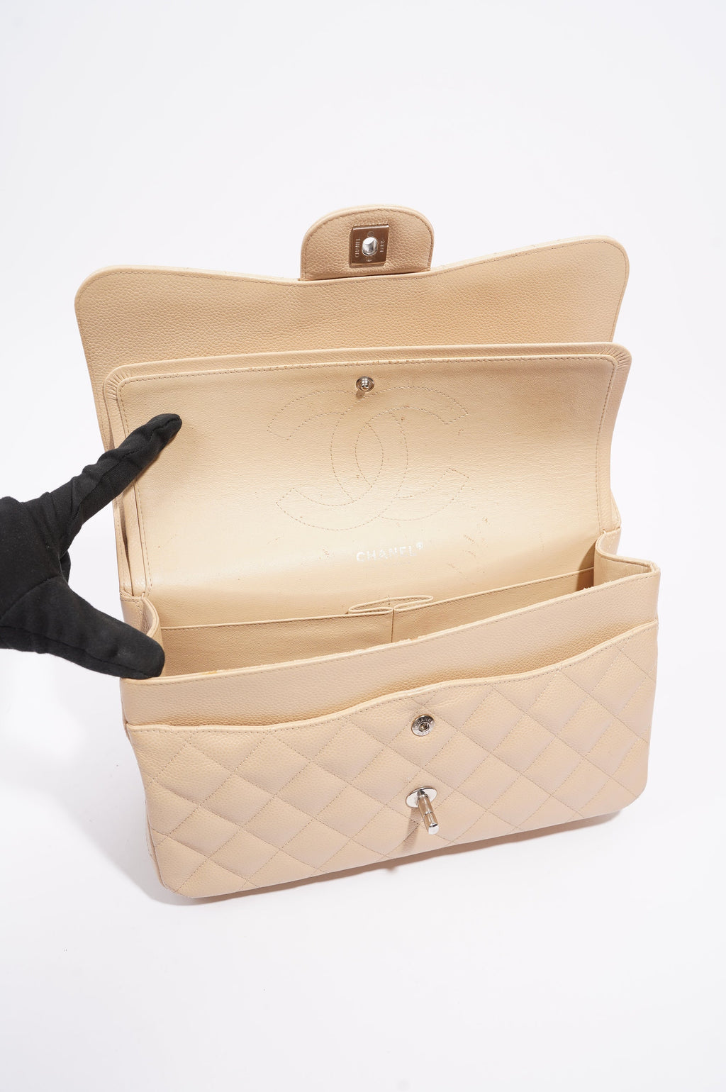Chanel Womens Classic Flap Beige Caviar Large