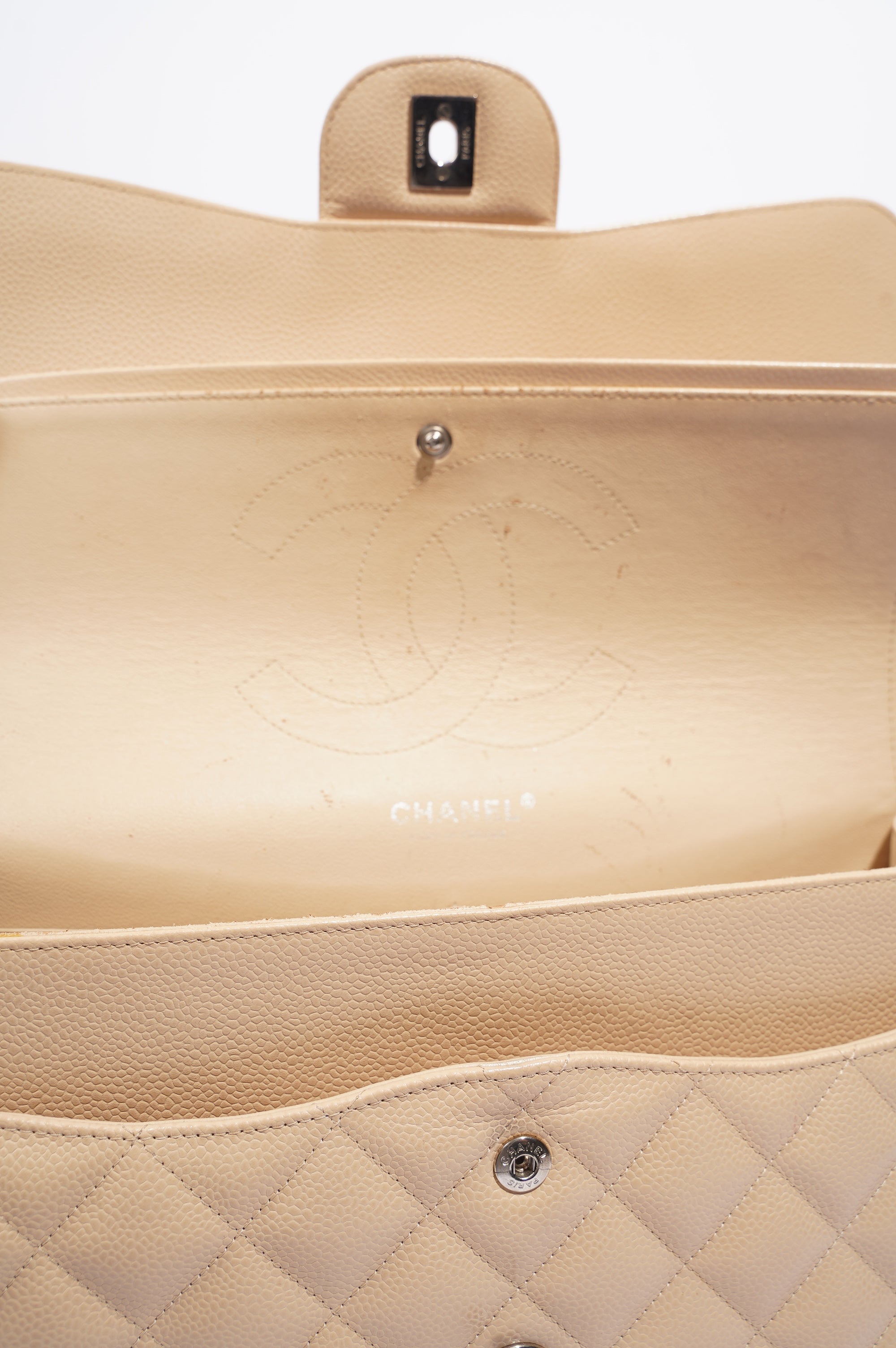 Chanel Womens Classic Flap Beige Caviar Large