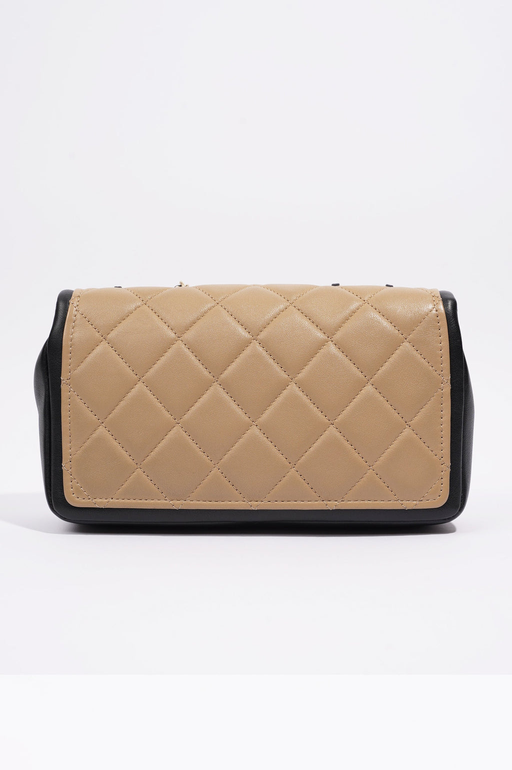 Chanel Womens Graphic Flap Bag Beige / Black Leather Small