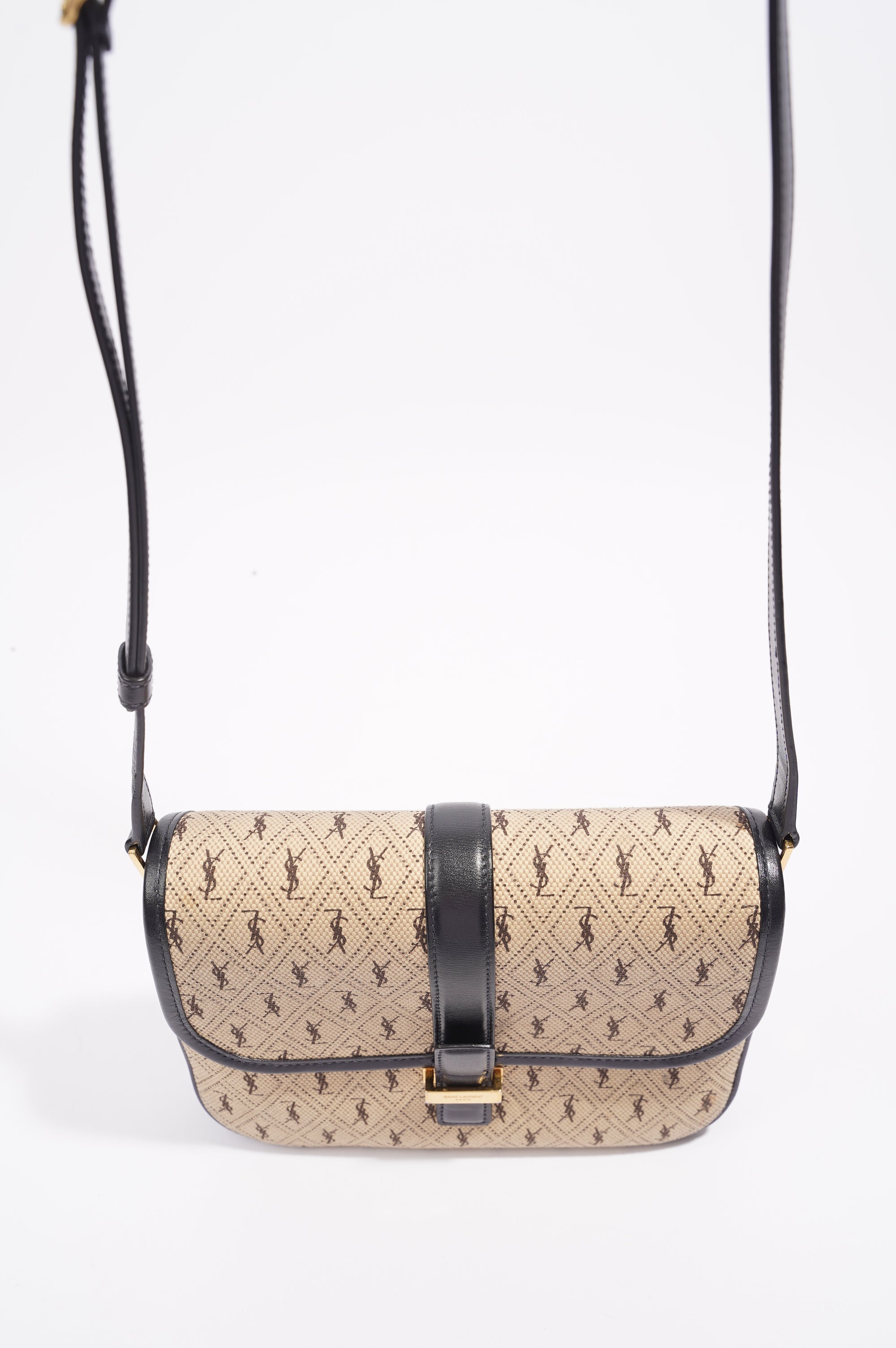Saint Laurent Top Flap Satchel Beige / Black Canvas Small