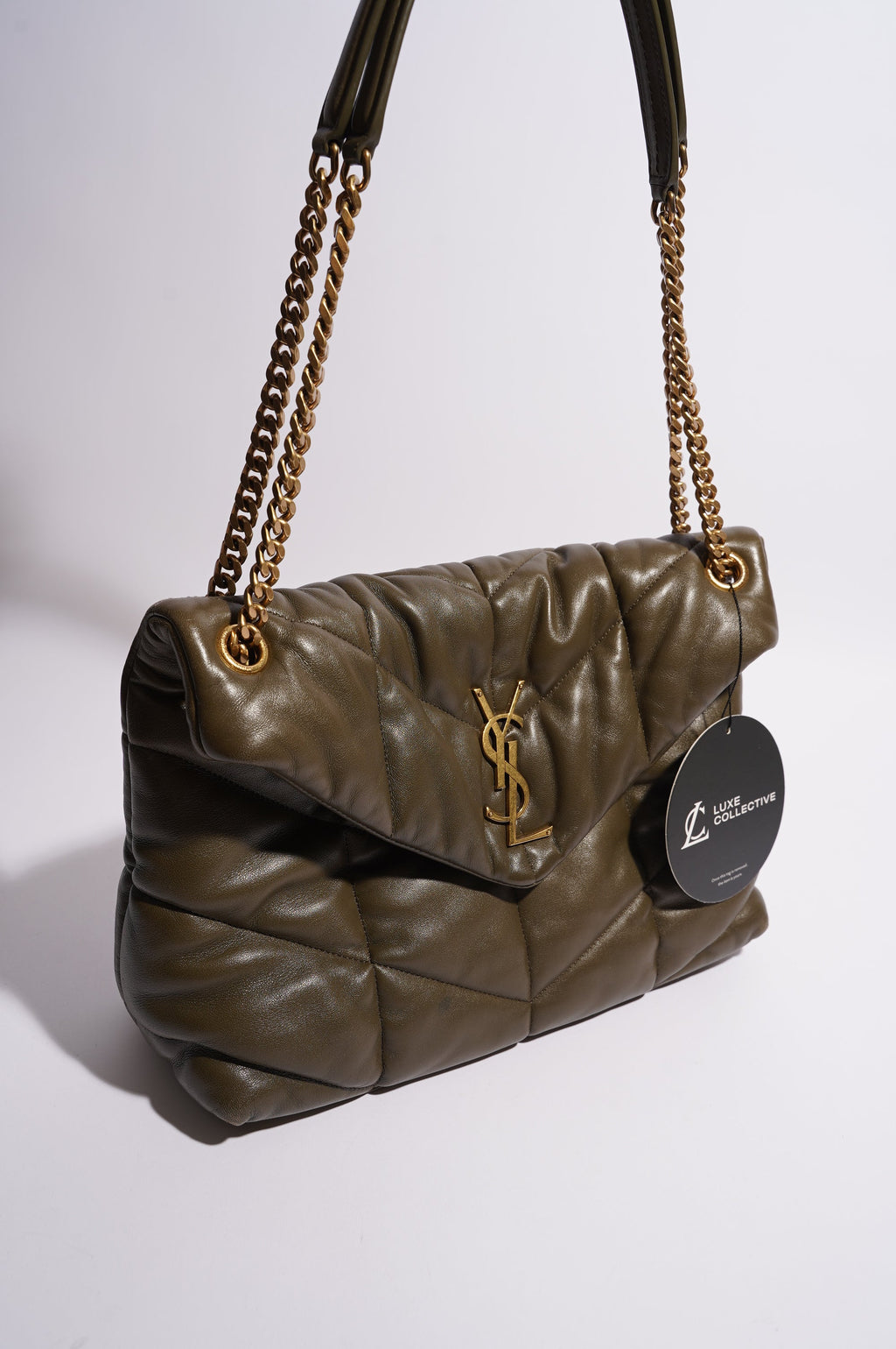 Saint Laurent Womens Lou Lou Puffer Bag Khaki Leather Medium