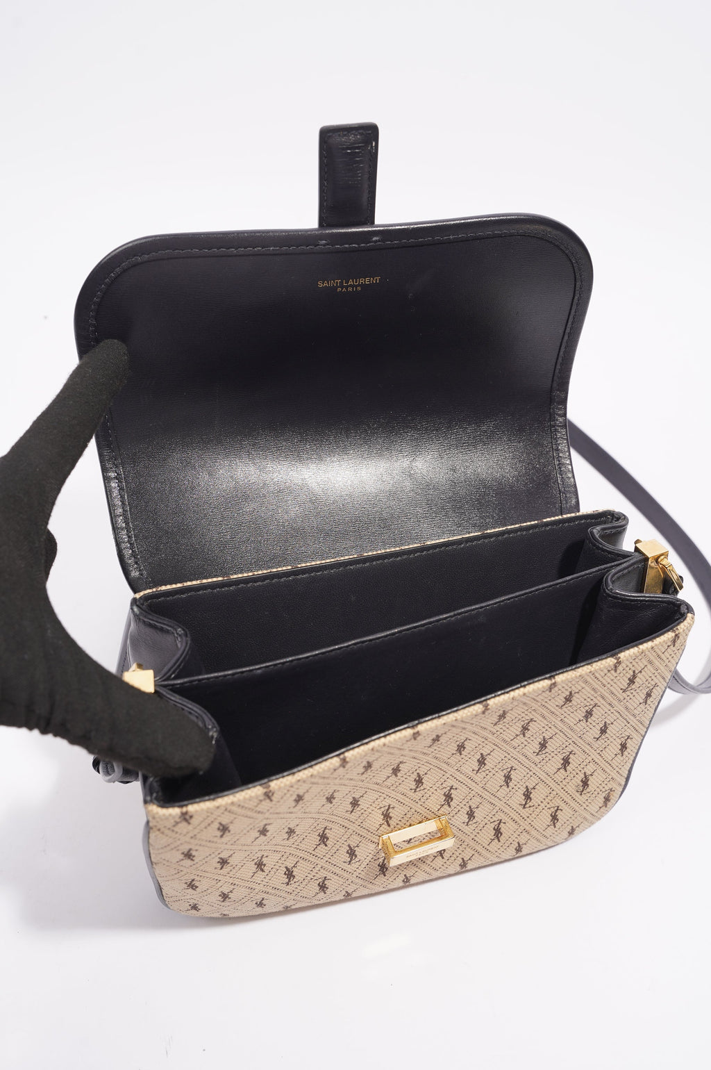 Saint Laurent Top Flap Satchel Beige / Black Canvas Small