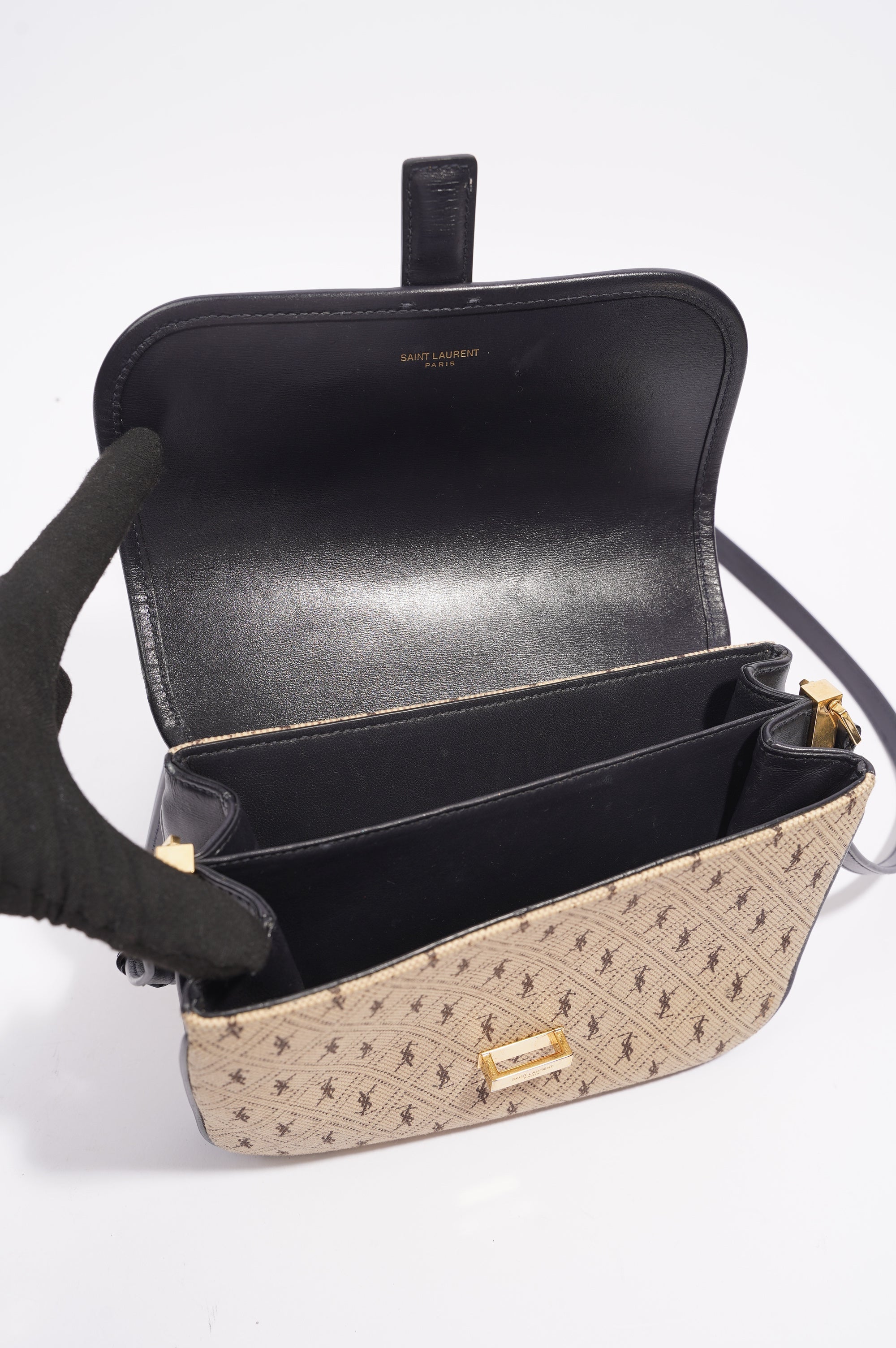 Saint Laurent Top Flap Satchel Beige / Black Canvas Small