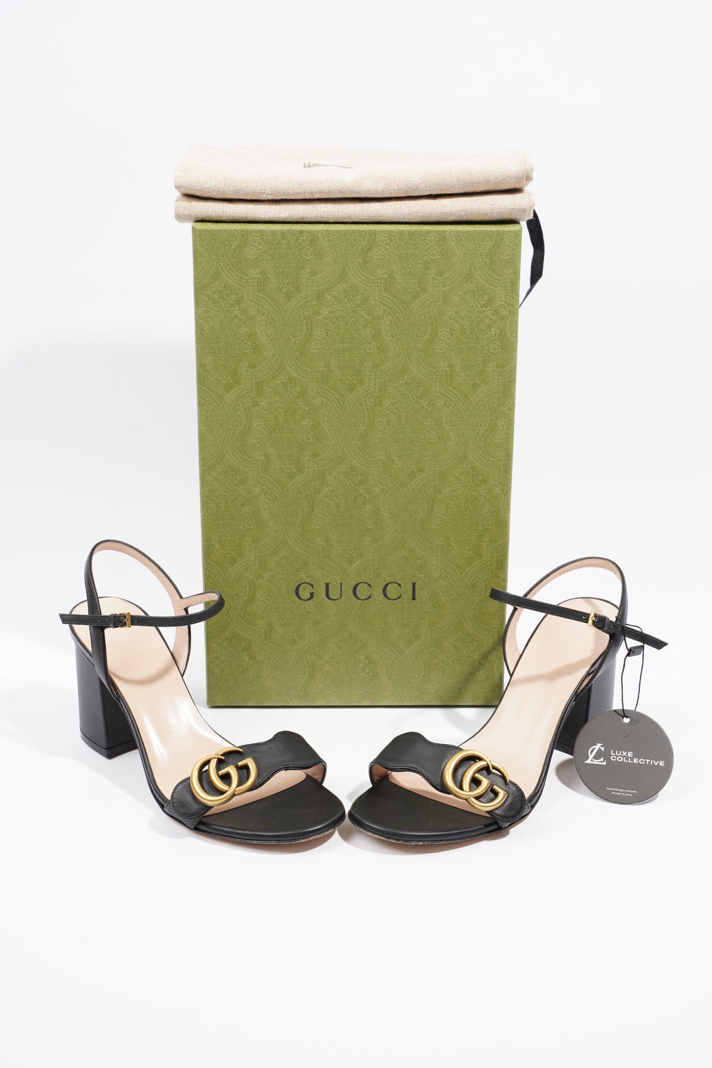 Gucci Womens Leather Mid Heel Sandal Black / Gold EU 37.5 / UK 4.5