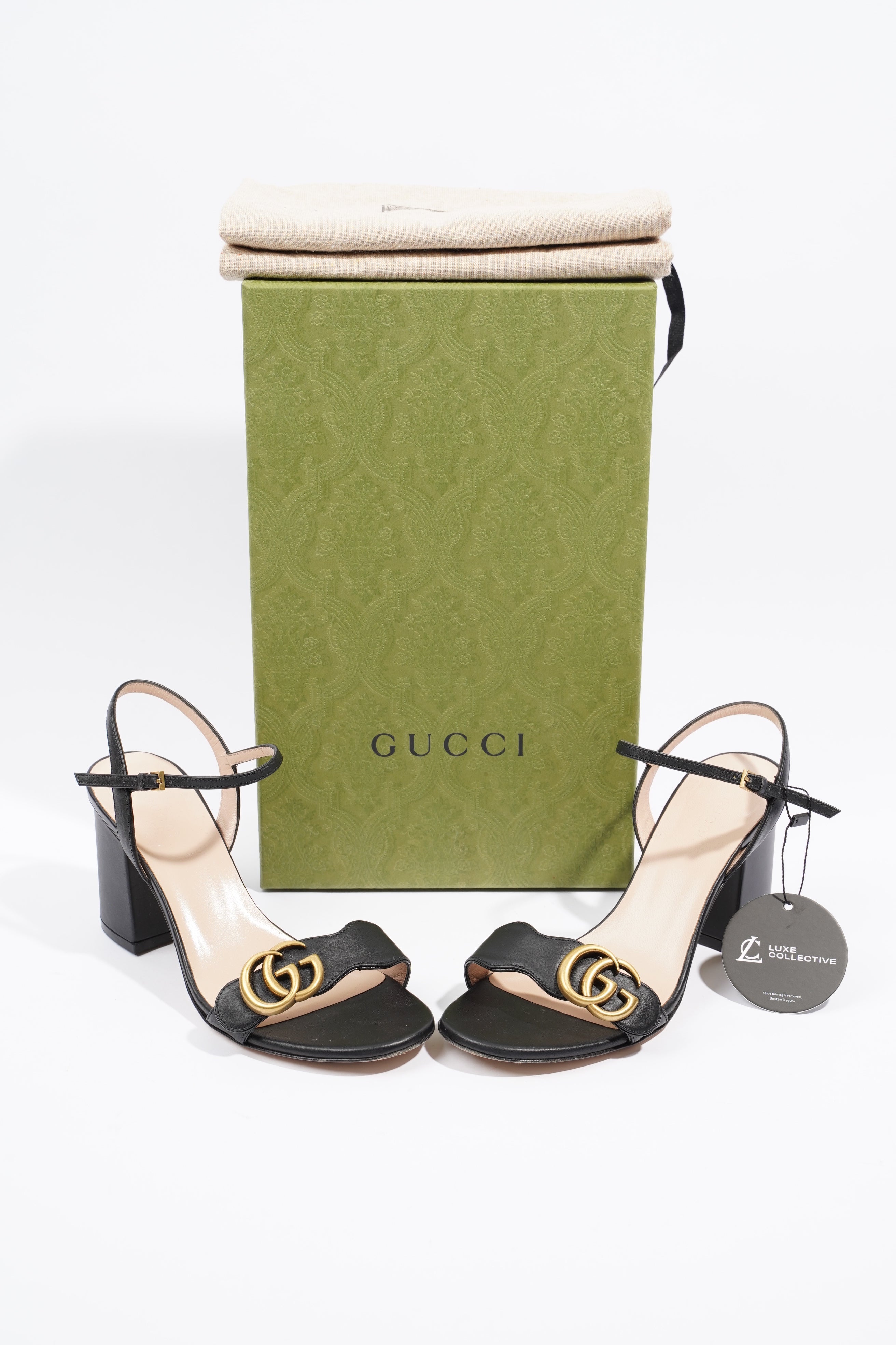 Gucci Womens Leather Mid Heel Sandal Black / Gold EU 37.5 / UK 4.5