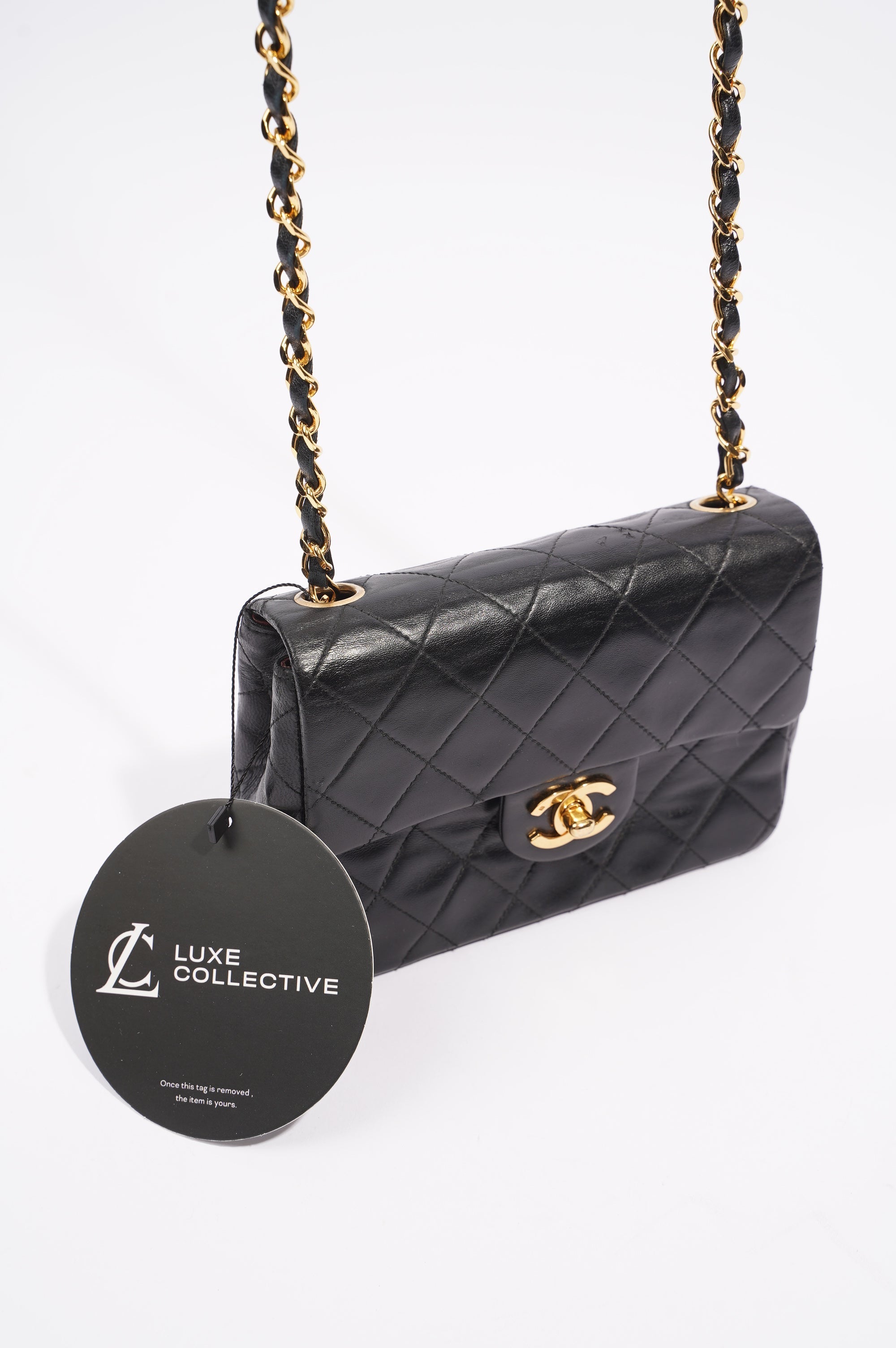 Chanel Womens Vintage Lambskin Square Flap Bag Black / Gold Mini