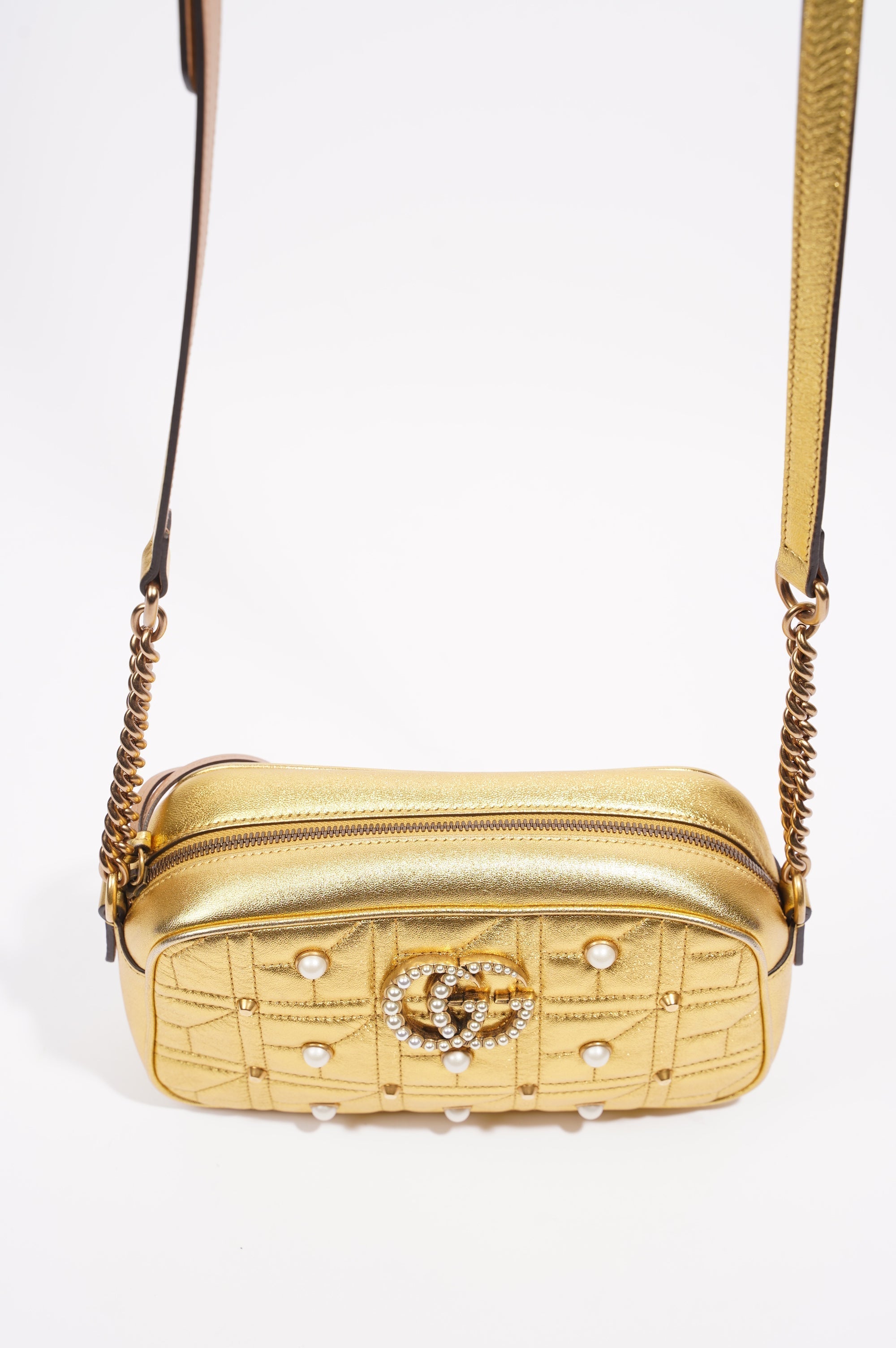 Gucci Womens Marmont GG Zip Bag Golden Leather Small