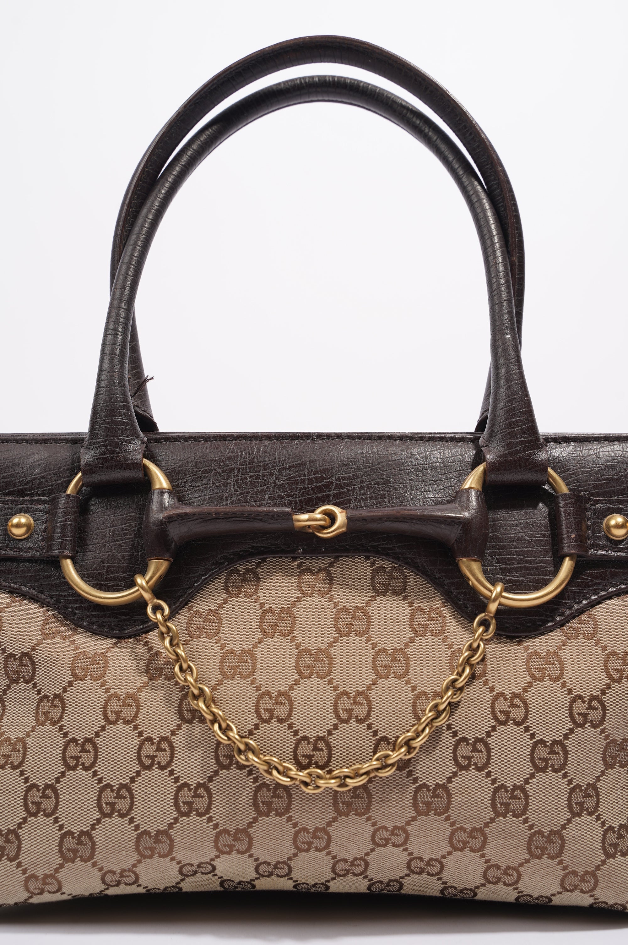 Gucci Womens Vintage Horsebit Handbag Brown Canvas