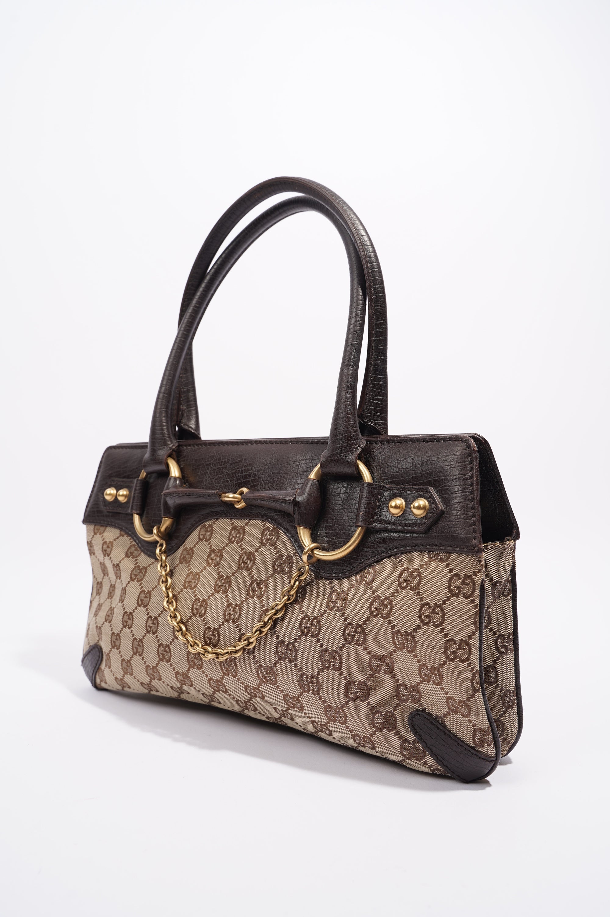 Gucci Womens Vintage Horsebit Handbag Brown Canvas