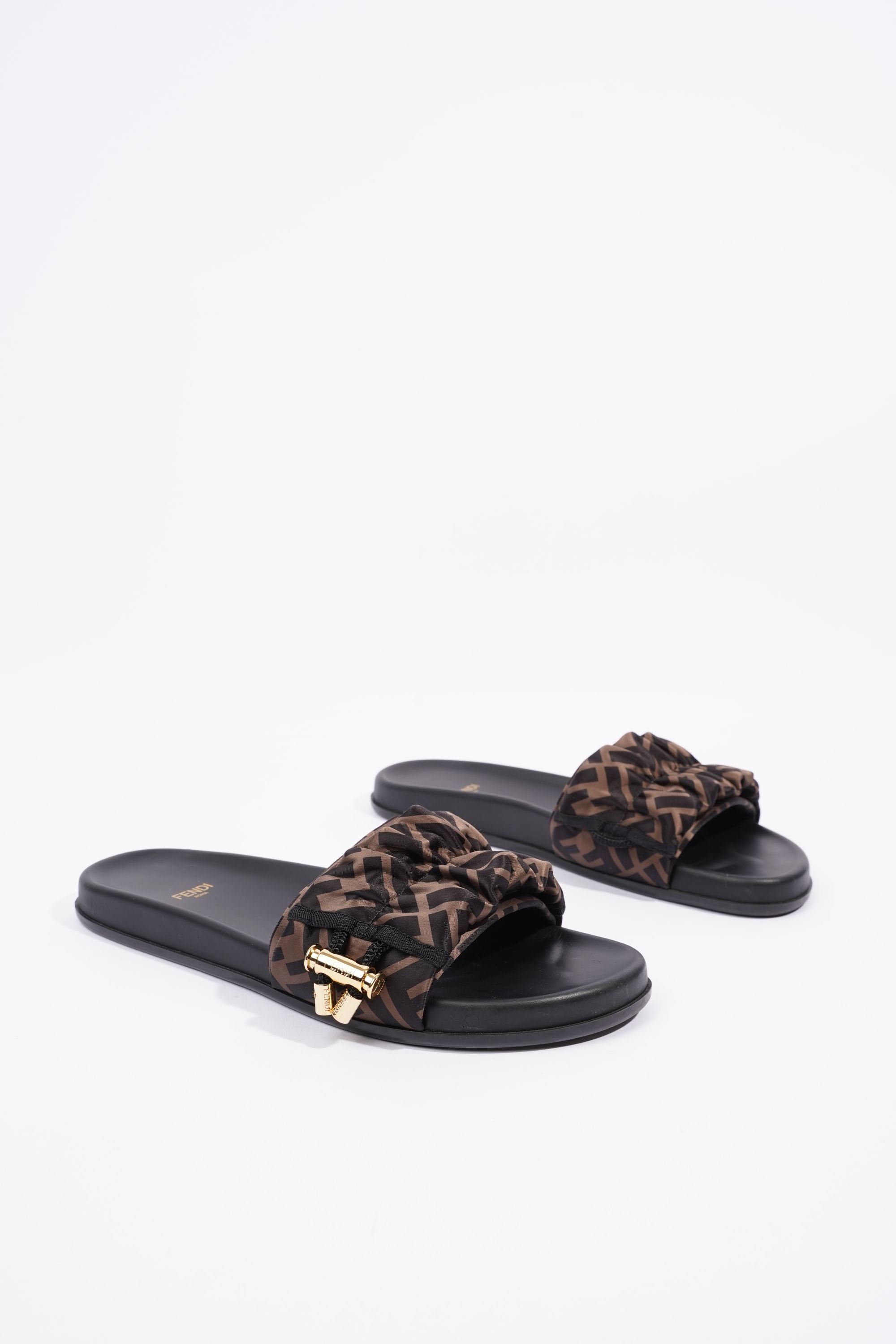 Fendi Womens Satin Slide Black / Dark Gold EU 40 / UK 7