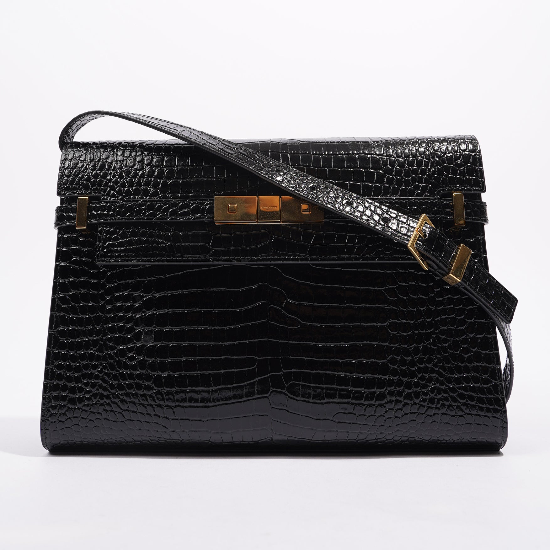 Saint Laurent Womens Manhattan Black Croc Medium
