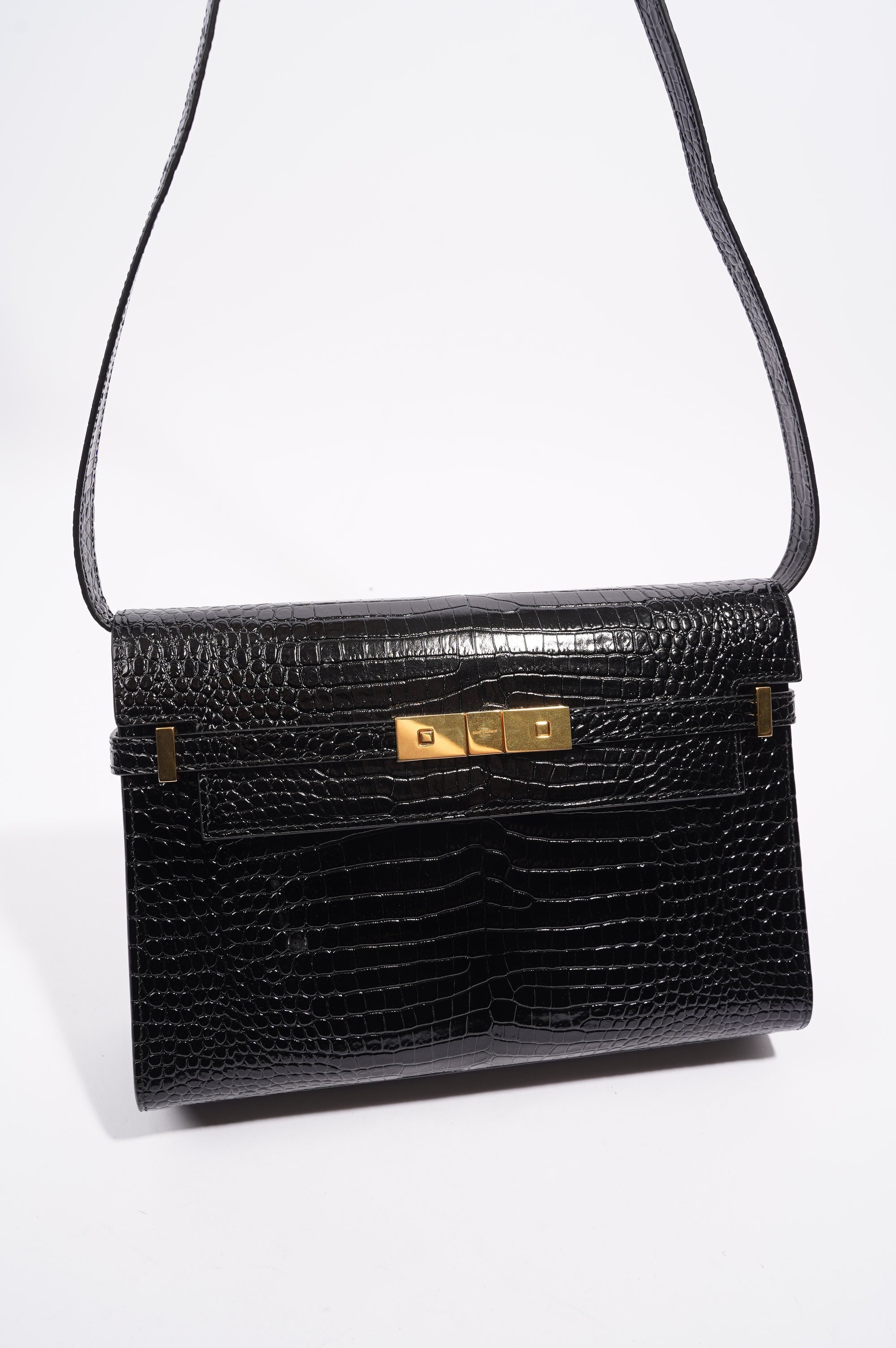 Saint Laurent Womens Manhattan Black Croc Medium