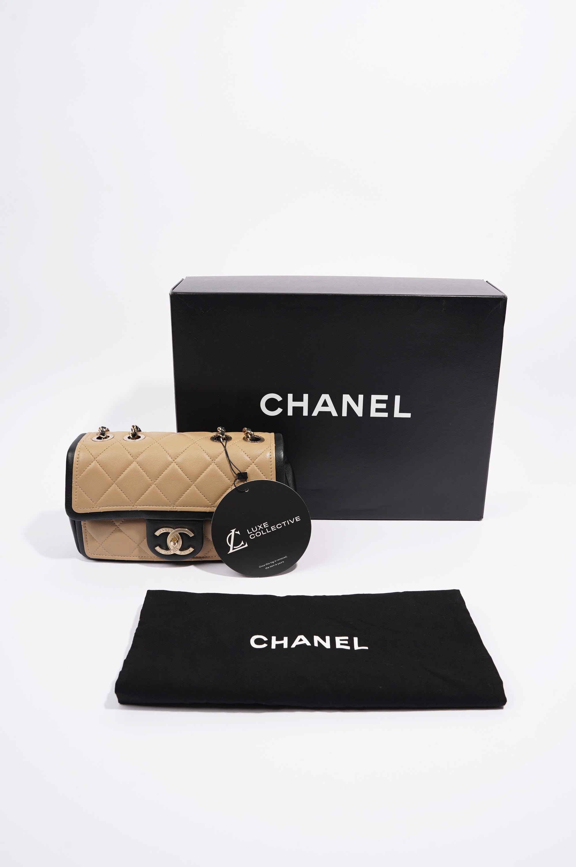 Chanel Womens Graphic Flap Bag Beige / Black Leather Small