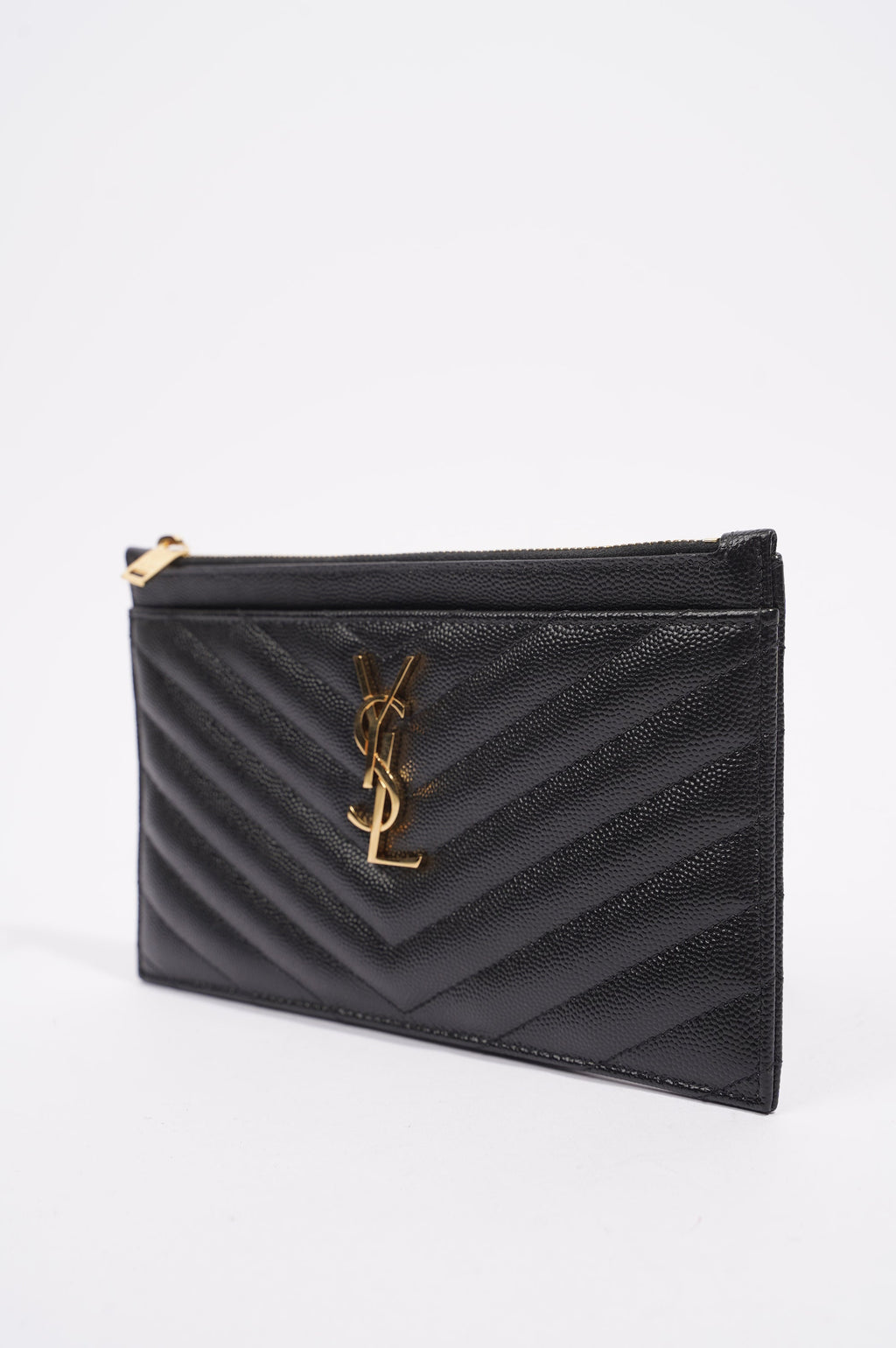 Saint Laurent Womens Cassandra Matelasse Zipped Pouch Black / Gold