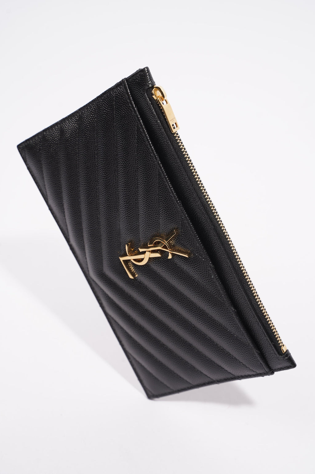 Saint Laurent Womens Cassandra Matelasse Zipped Pouch Black / Gold