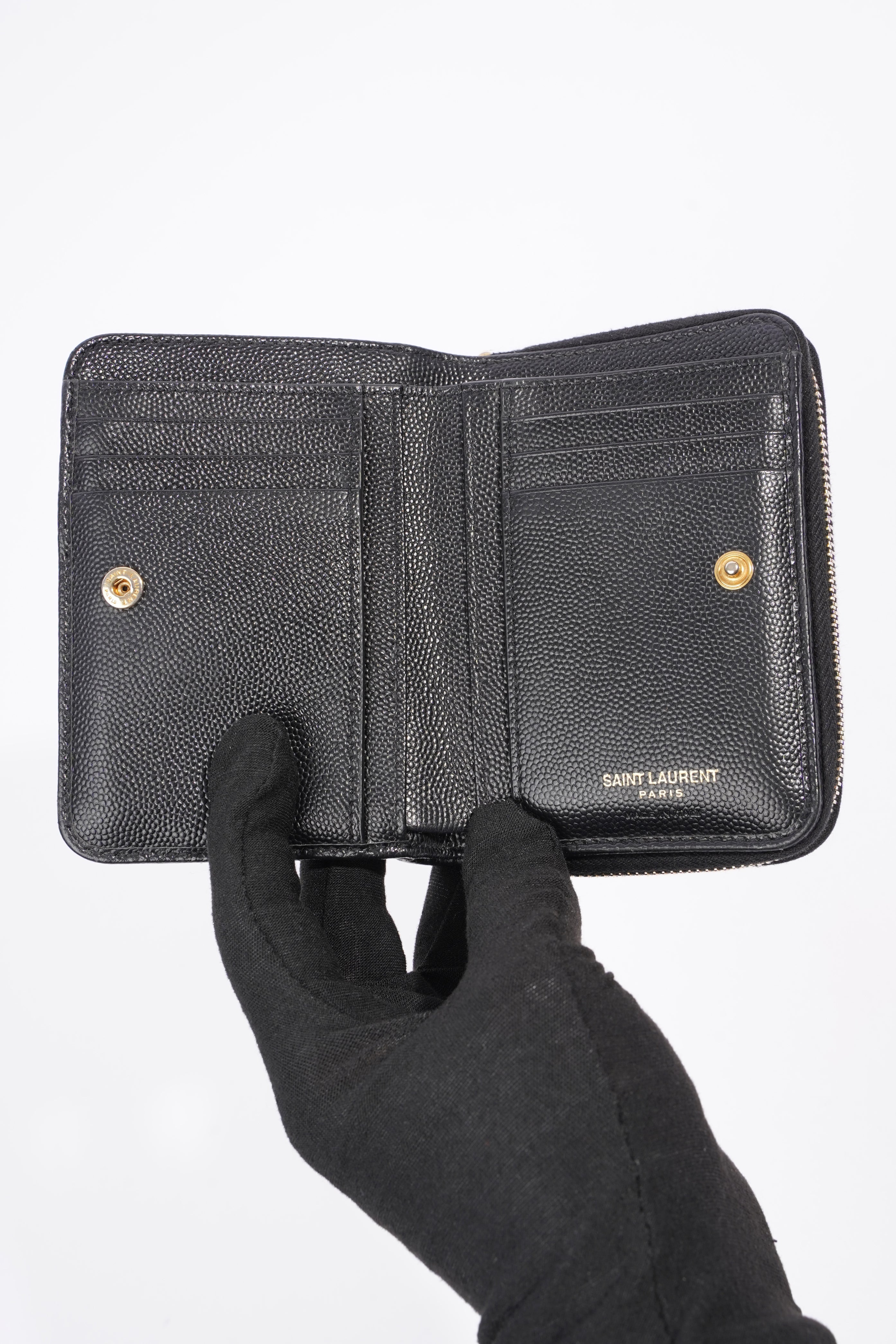 Saint Laurent Cassandre Zip Around Wallet Black Leather Small