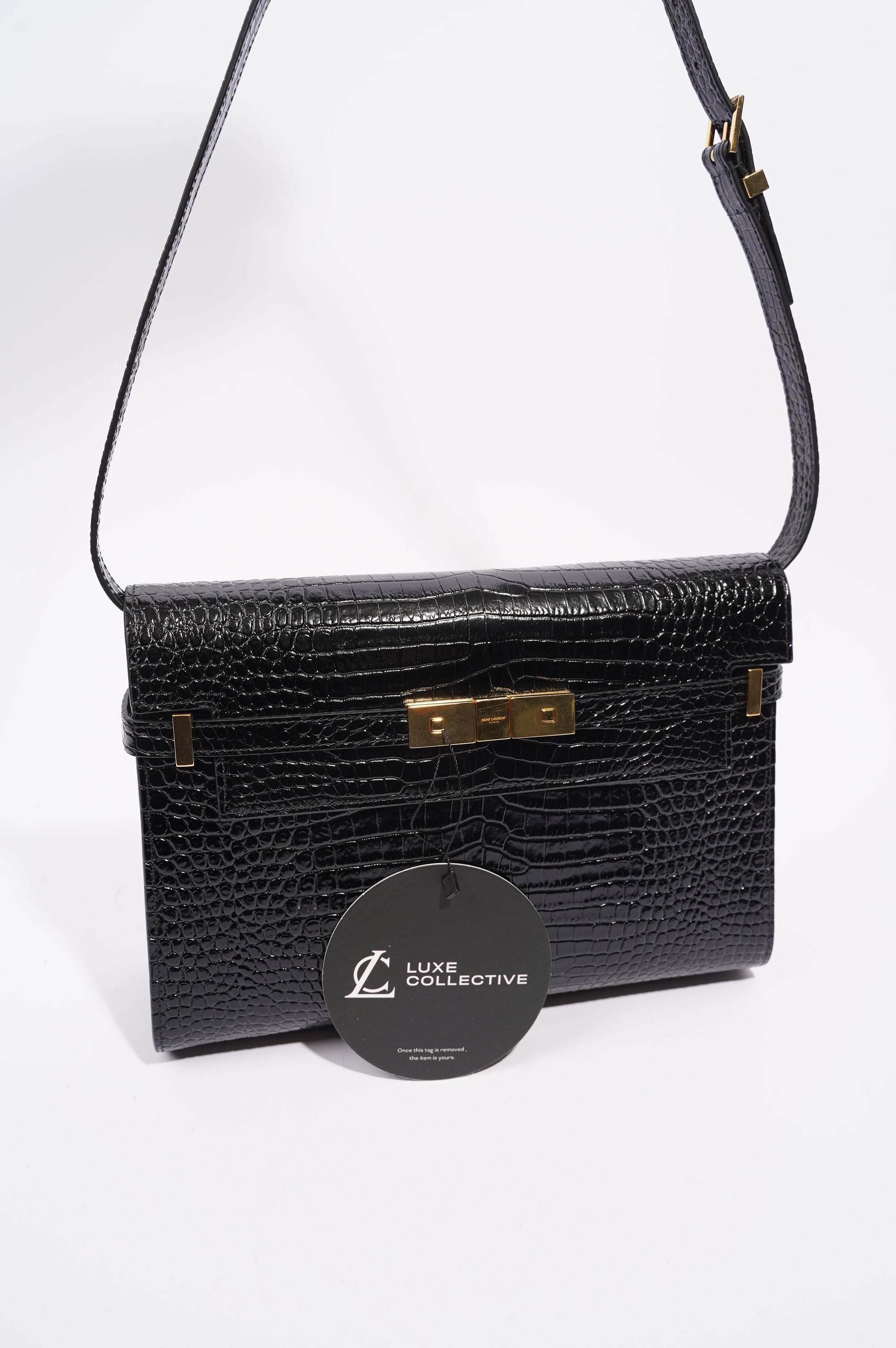 Saint Laurent Womens Manhattan Black Croc Medium
