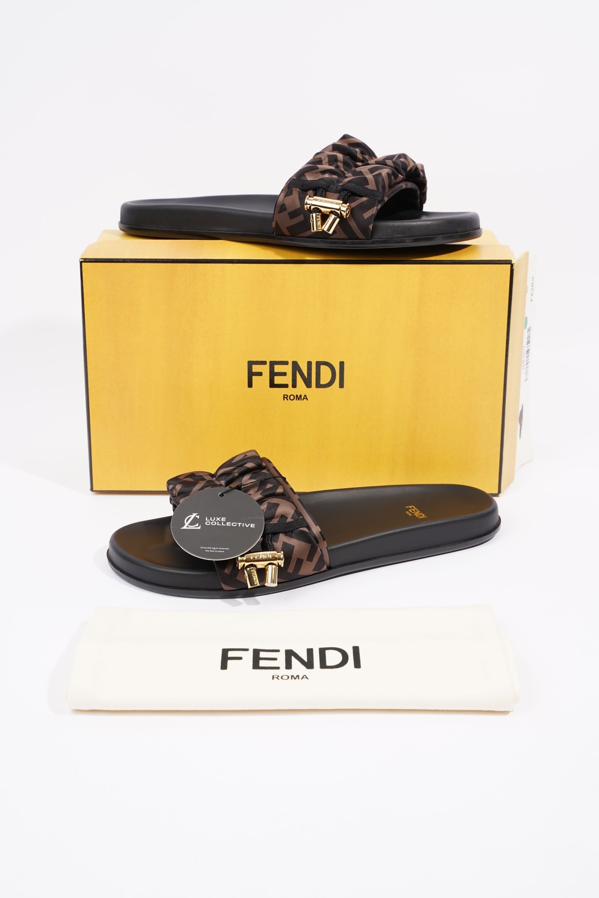 Fendi Womens Satin Slide Black / Dark Gold EU 40 / UK 7