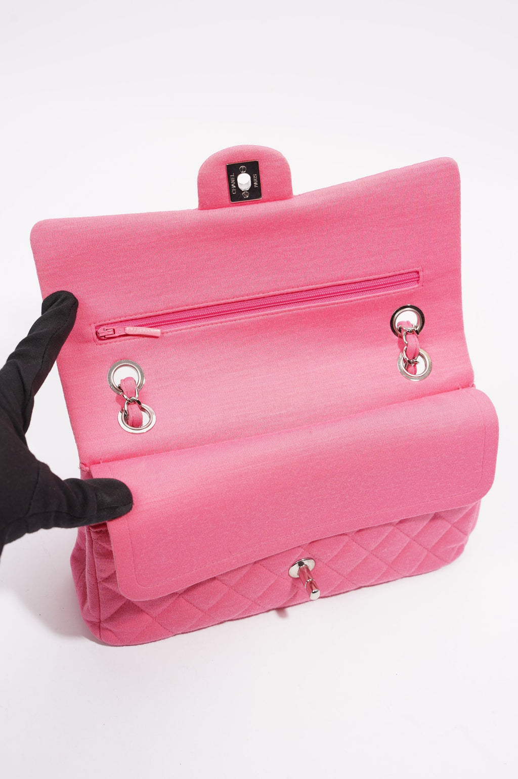 Chanel Womens Fabric Double Flap Bag Pink Medium