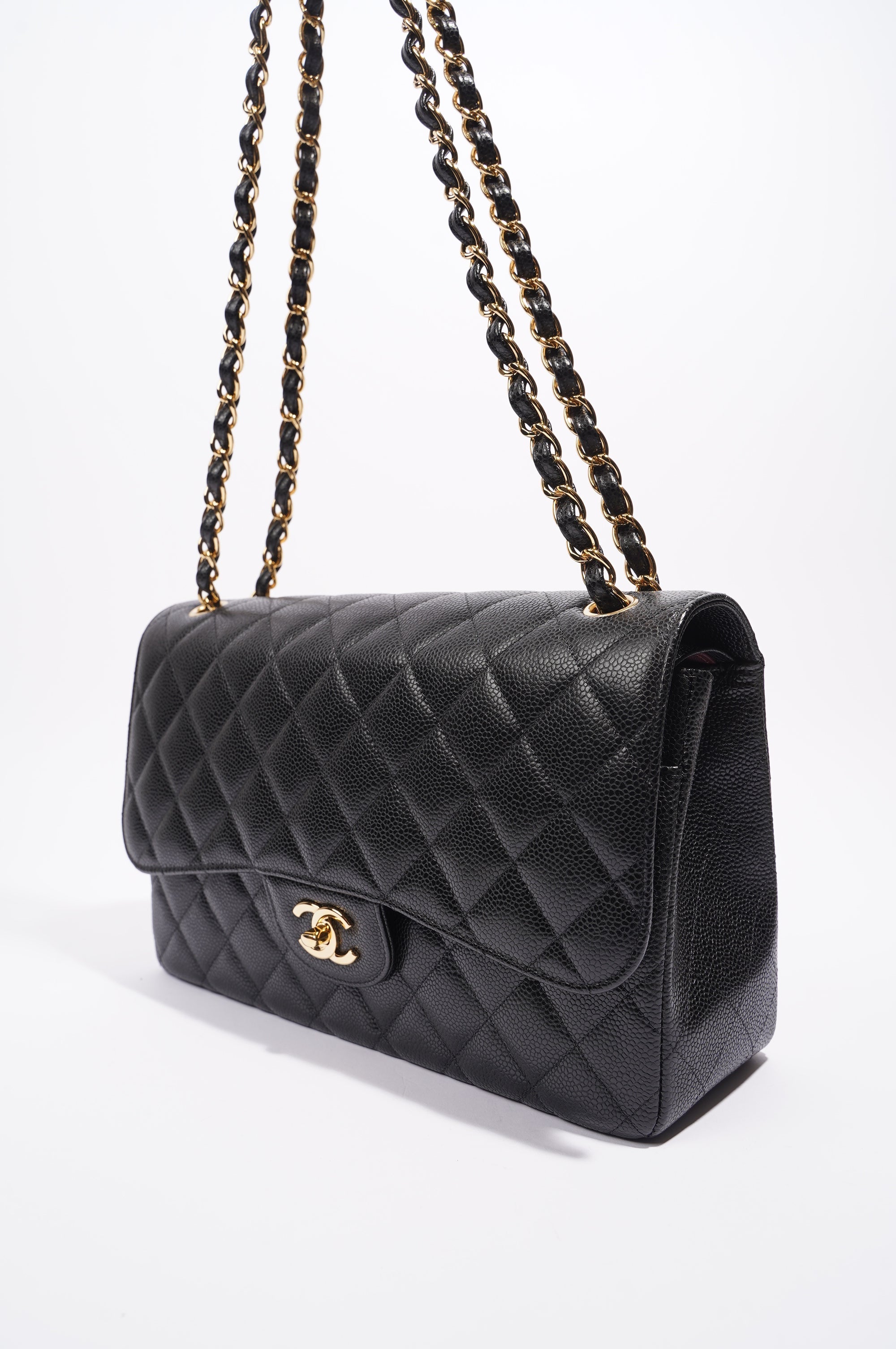 Chanel Double Flap Bag Black Caviar Leather Jumbo
