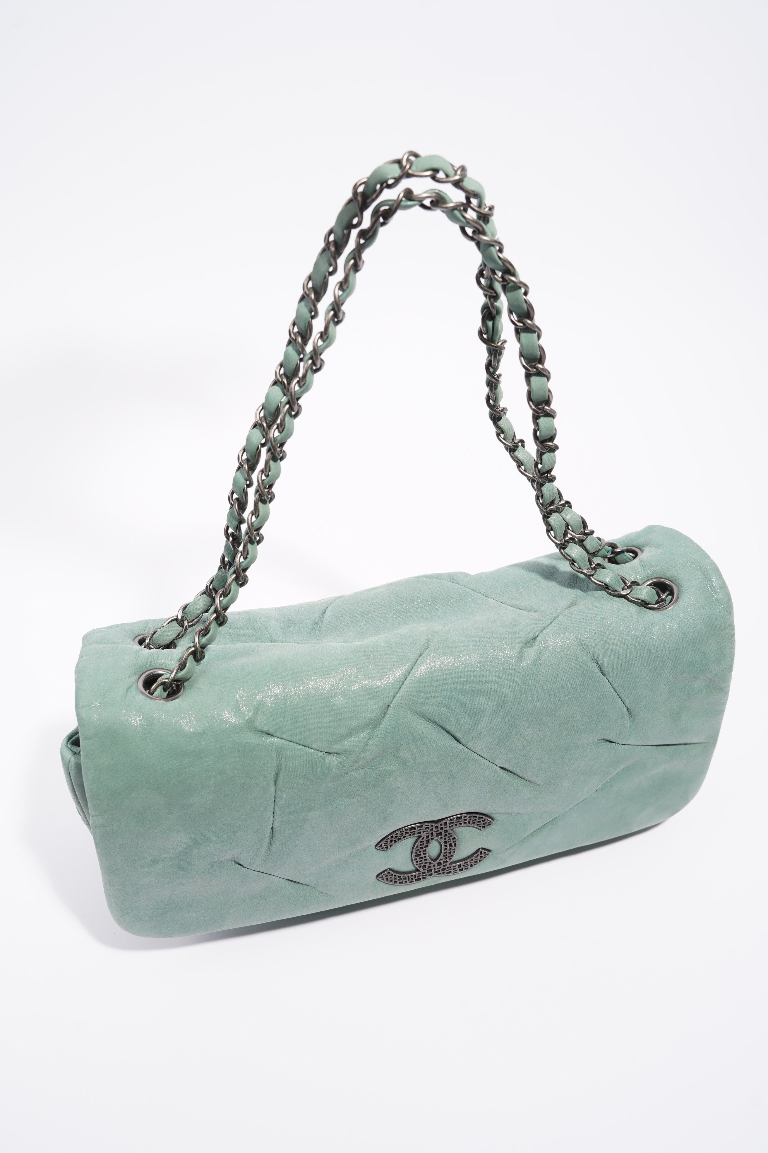 Chanel Womens Glint CC Flap Bag Moss Green Iridescent Leather